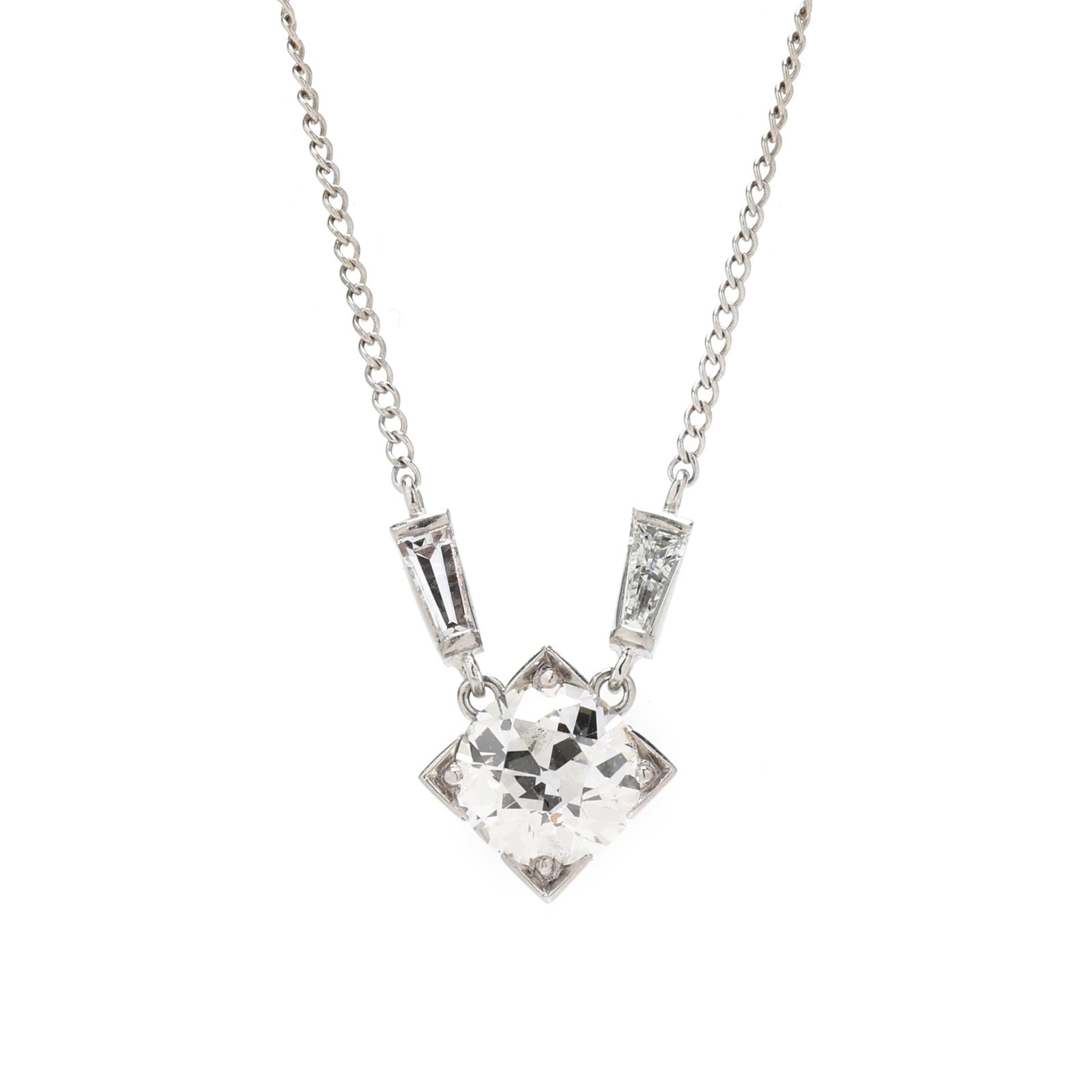 White Gold and 2.49 Carat Old European Cut Diamond Necklace: White Gold and 2.49 Carat Old European Cut Diamond Necklace pendant centered on an old European brilliant cut diamond (8.69 - 8.82 x 5.29mm) weighing 2.49 carats (actual) (H color, SI2 clarity), and