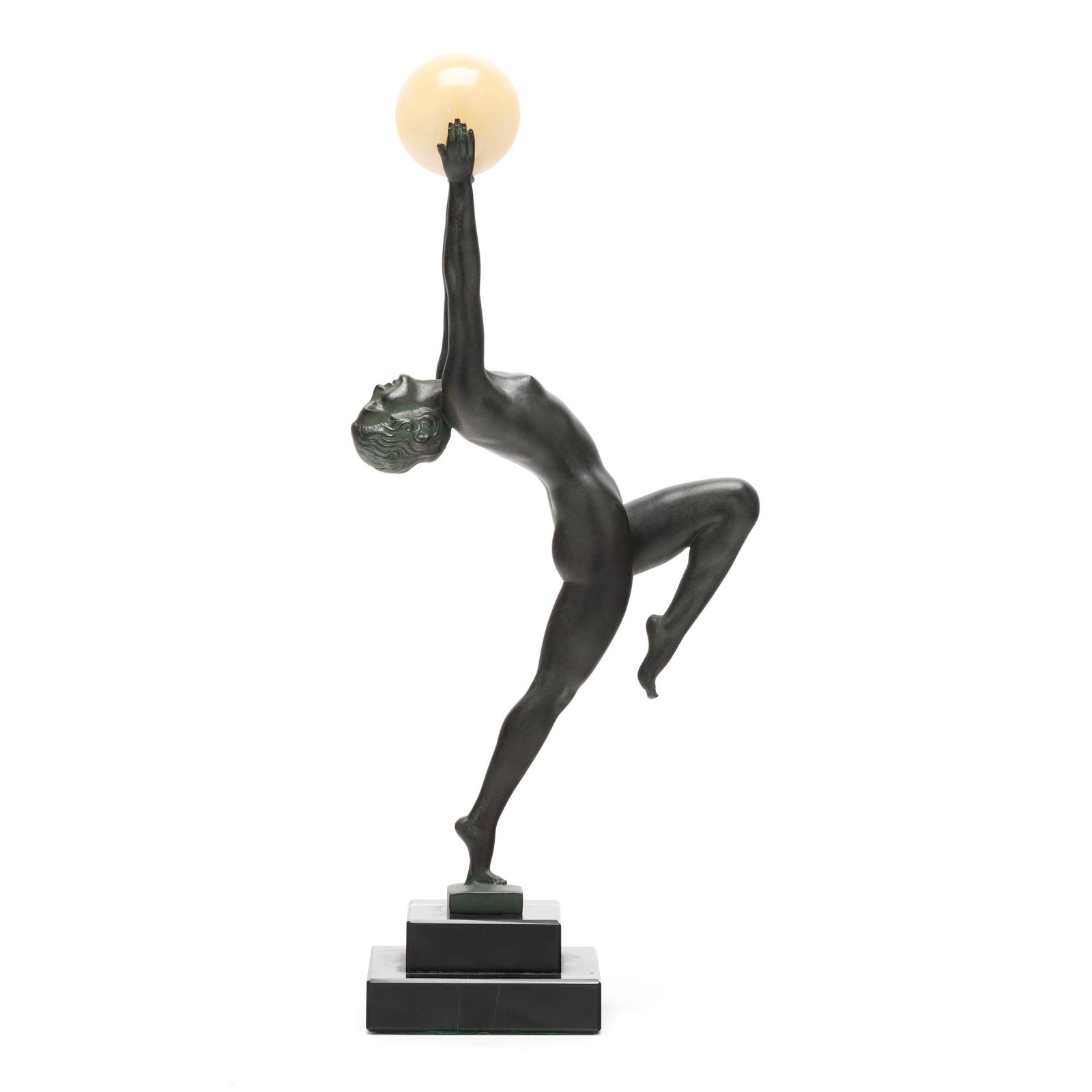 Max (Louis Octave Maxime) Le Verrier, Danseuse à la Boule: Max (Louis Octave Maxime) Le Verrier, Danseuse à la Boule Paris, circa 1920s, patinated metal and polished stone, signed "LeVerrier" with "LEVERRIER / PARIS foundry stamp to the terrace profile, moun