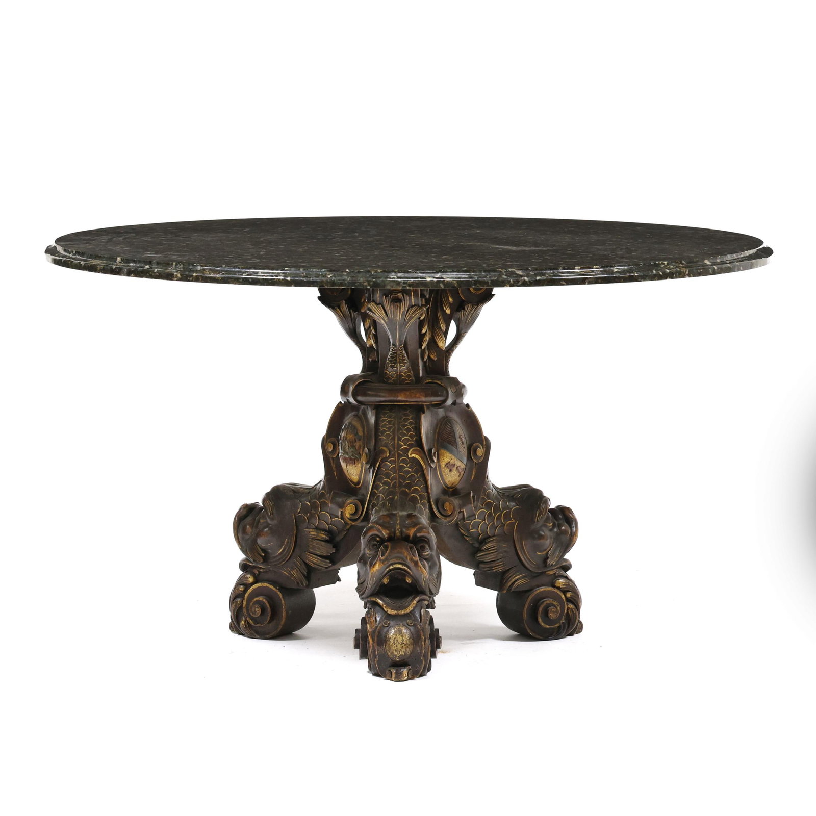 Venetian Grotto Style Stone Top Center Table: Venetian Grotto Style Stone Top Center Table green English stone top with molded edge set on an early 20th century carved wood pedestal with intricate carved and painted surfaces featuring coat of arm