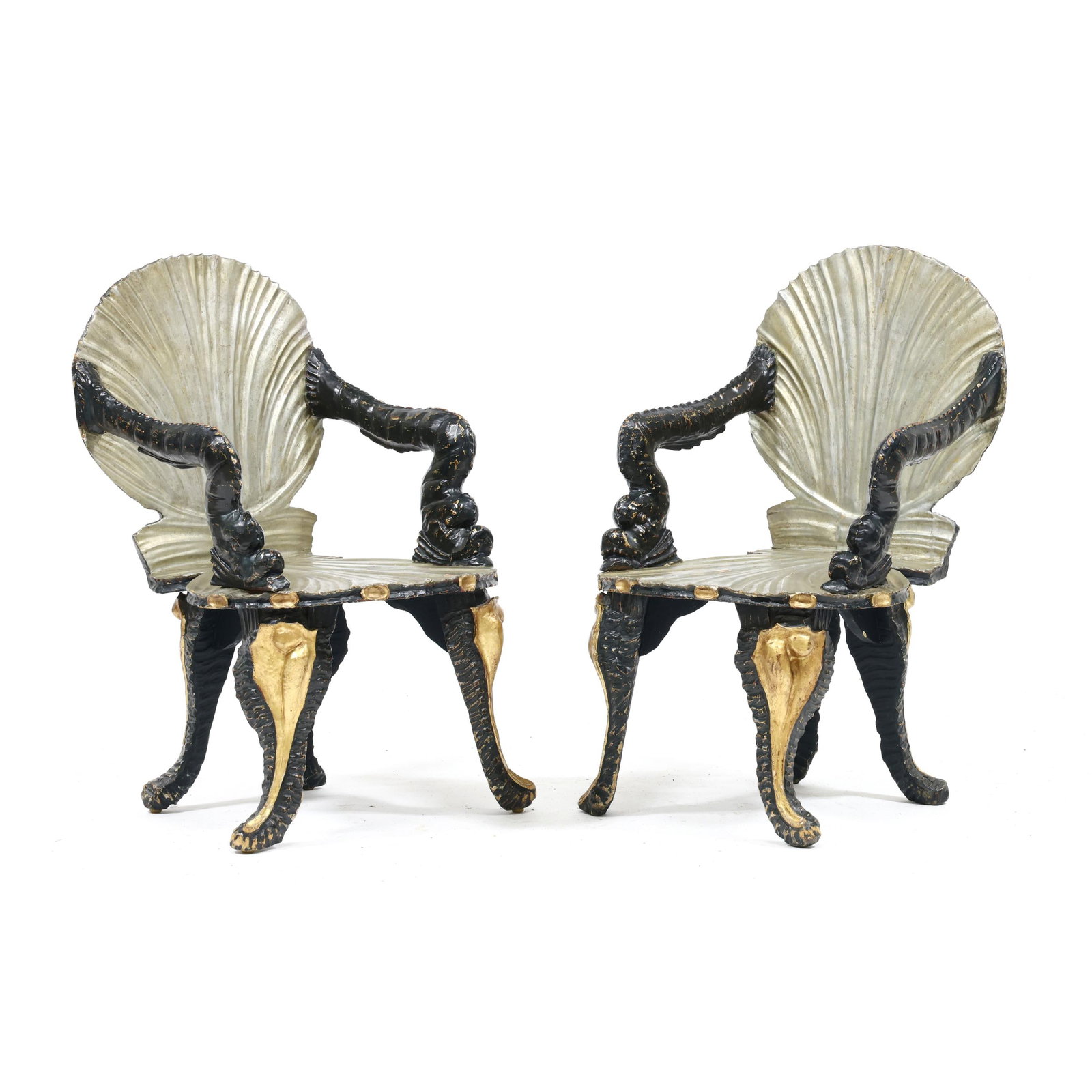 Pair of Antique Venetian Carved and Painted Grotto Chairs: Pair of Antique Venetian Carved and Painted Grotto Chairs early 20th century, shell carved back and seat, carved dolphin arms supported by stylized shell form cabriole legs. 37.25 x 22 x 22 in., seat 