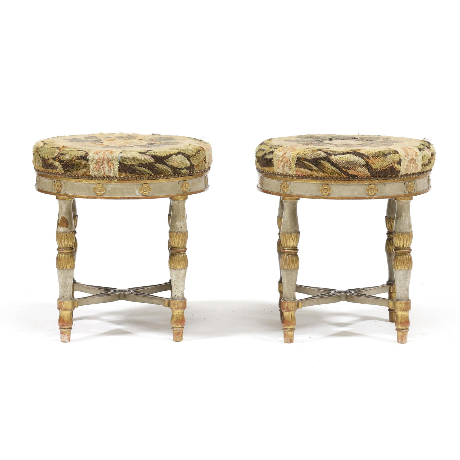 Pair of Antique Louis XIV Style Painted and Upholstered Stools (1 of 15)