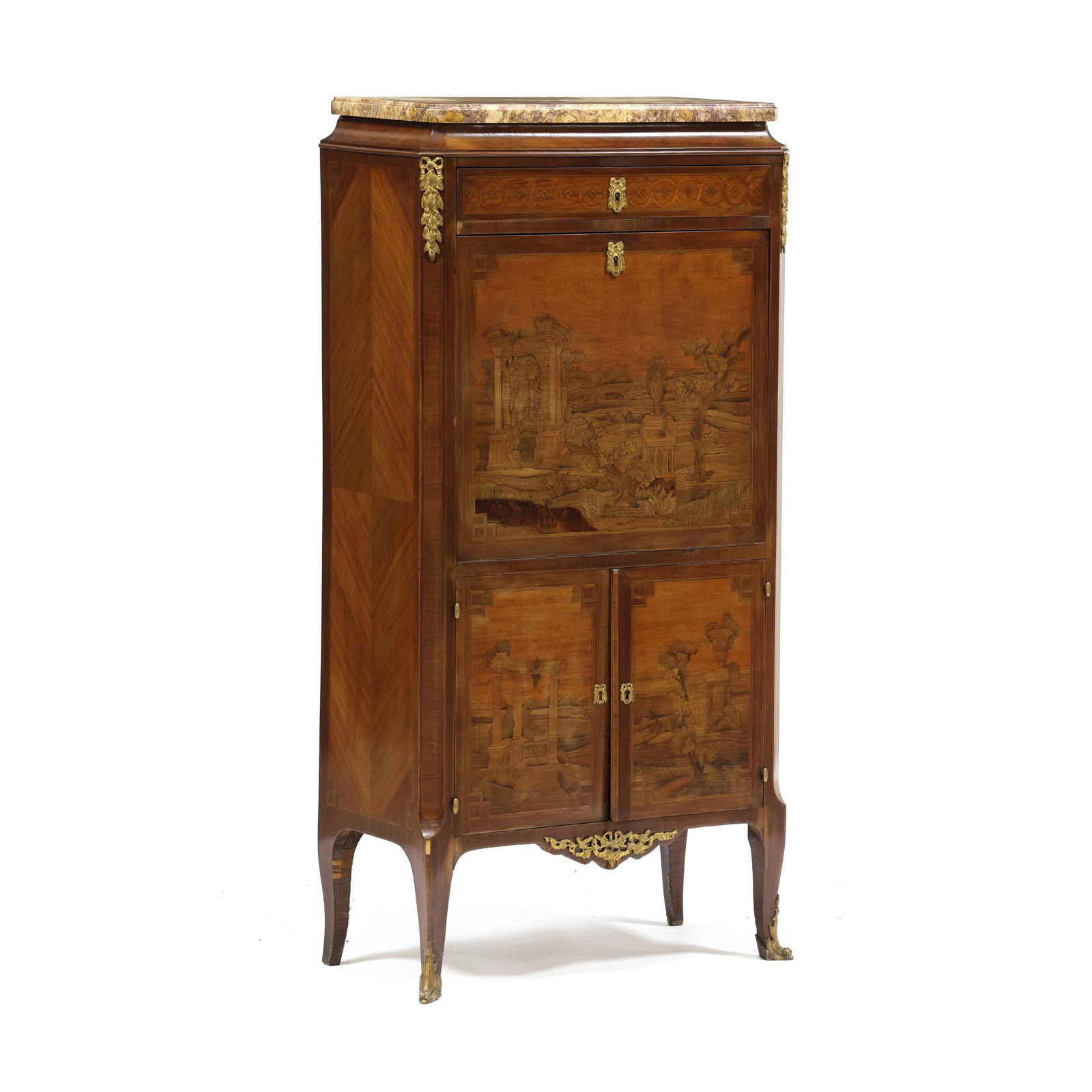 Louis XV Style Marquetry Inlaid Mahogany Abattant: Louis XV Style Marquetry Inlaid Mahogany Abattant early 20th century, diminutive one part form featuring molded marble top above a conforming case with upper drawer above the fall front desk, the fron