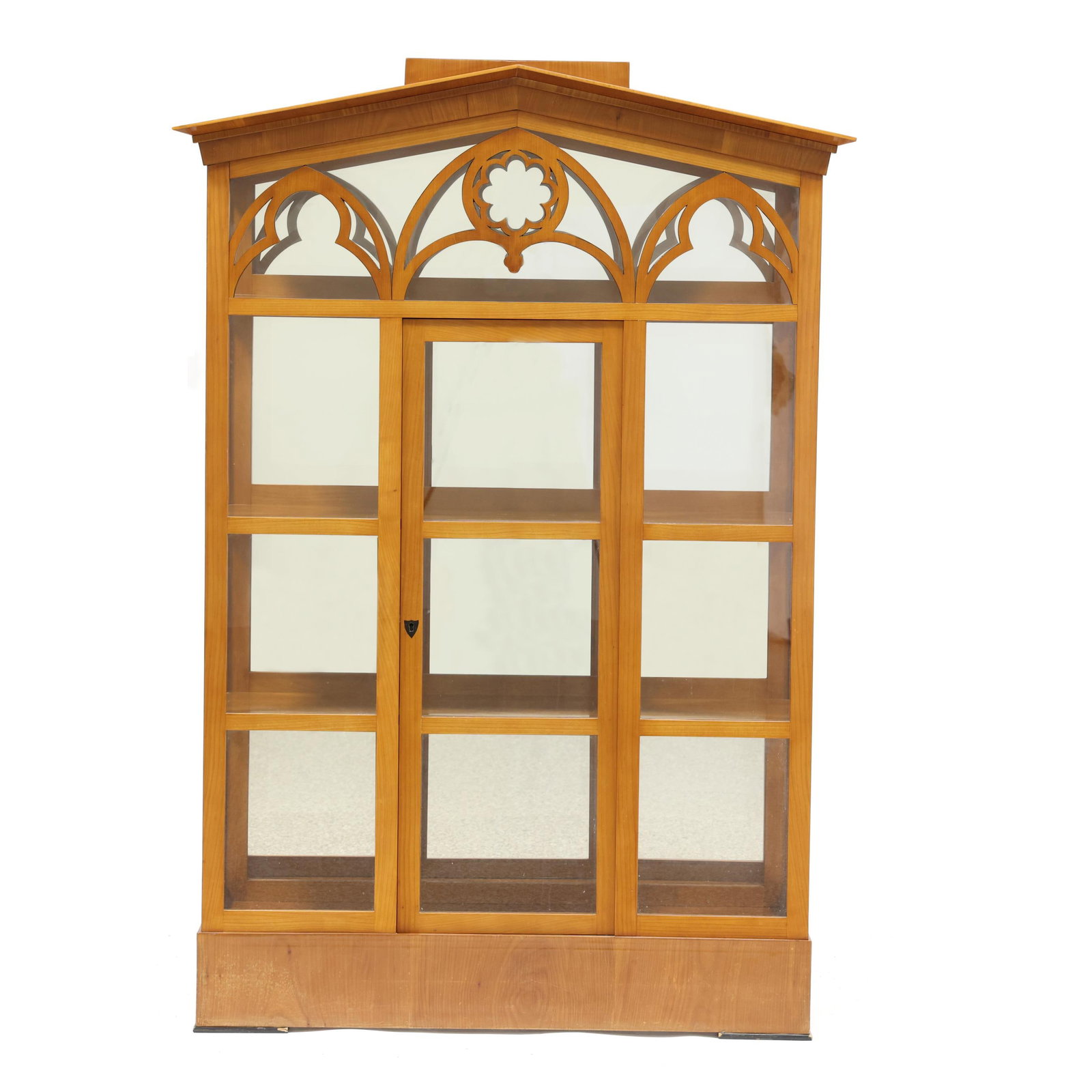 Biedermeier Style Fruit Wood Display Cabinet: Biedermeier Style Fruit Wood Display Cabinet early 20th century, one part form, appears cherry veneer, diminutive case featuring a plinth arched pediment above a cut arched rosette, the case with a