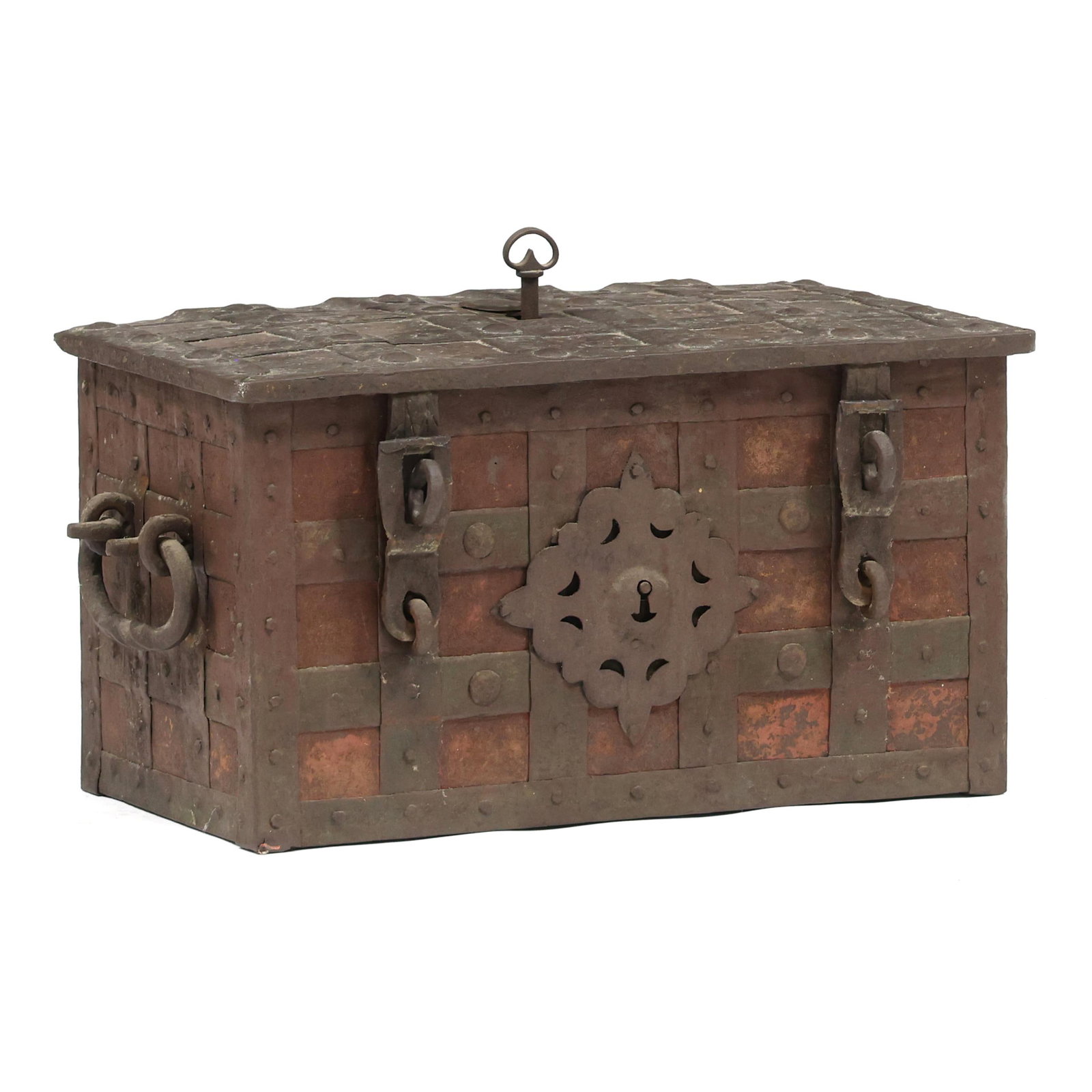 Late Renaissance Continental Iron Armada Chest (Strong Box): Late Renaissance Continental Iron Armada Chest (Strong Box) likely Northern Germany, 17th century, rectangular case with iron lattice strapwork and wrought dual handles, the obverse panel featuring tw