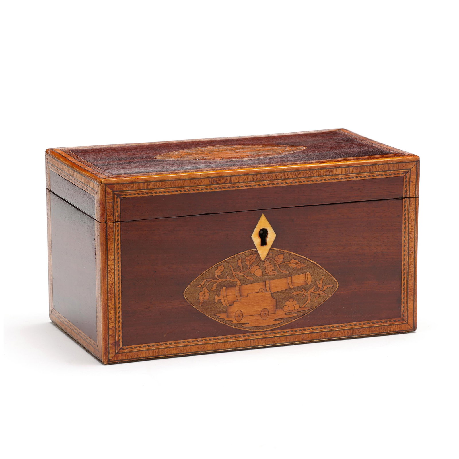 A Fine English Mahogany Tea Caddy with Field Artillery Inlay: A Fine English Mahogany Tea Caddy with Field Artillery Inlay early 19th century, pine secondary, hinge-lidded rectangular form, the lid and obverse centering an inlaid oval with cannon and oak leaf de