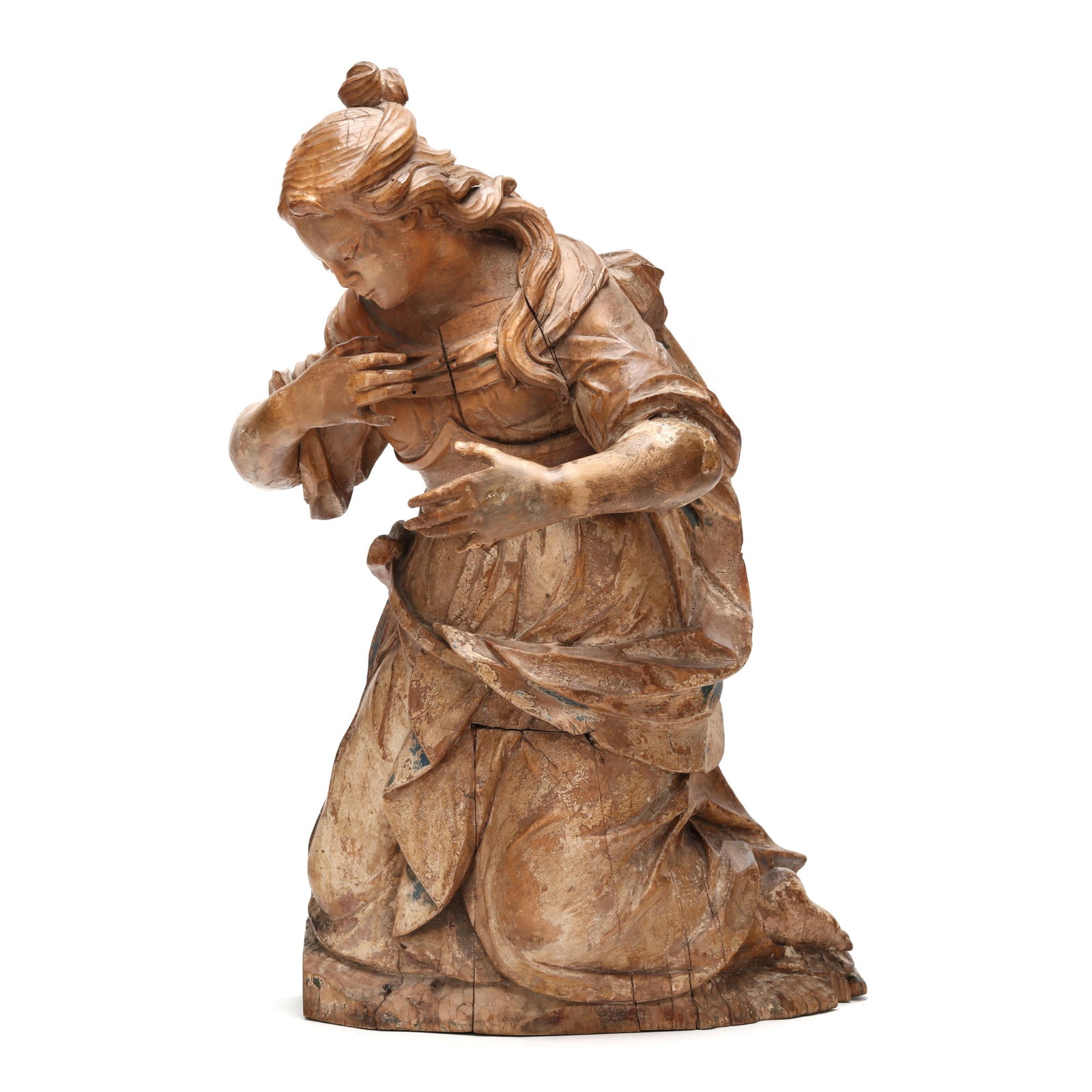 Salzburg School (17th century), Carved and Polychrome Sculpture of a Kneeling Figure: Salzburg School (17th century), Carved and Polychrome Sculpture of a Kneeling Figure circa 1700, carved wood (likely limewood), with traces of gesso and polychrome, underside retaining worn round ink 