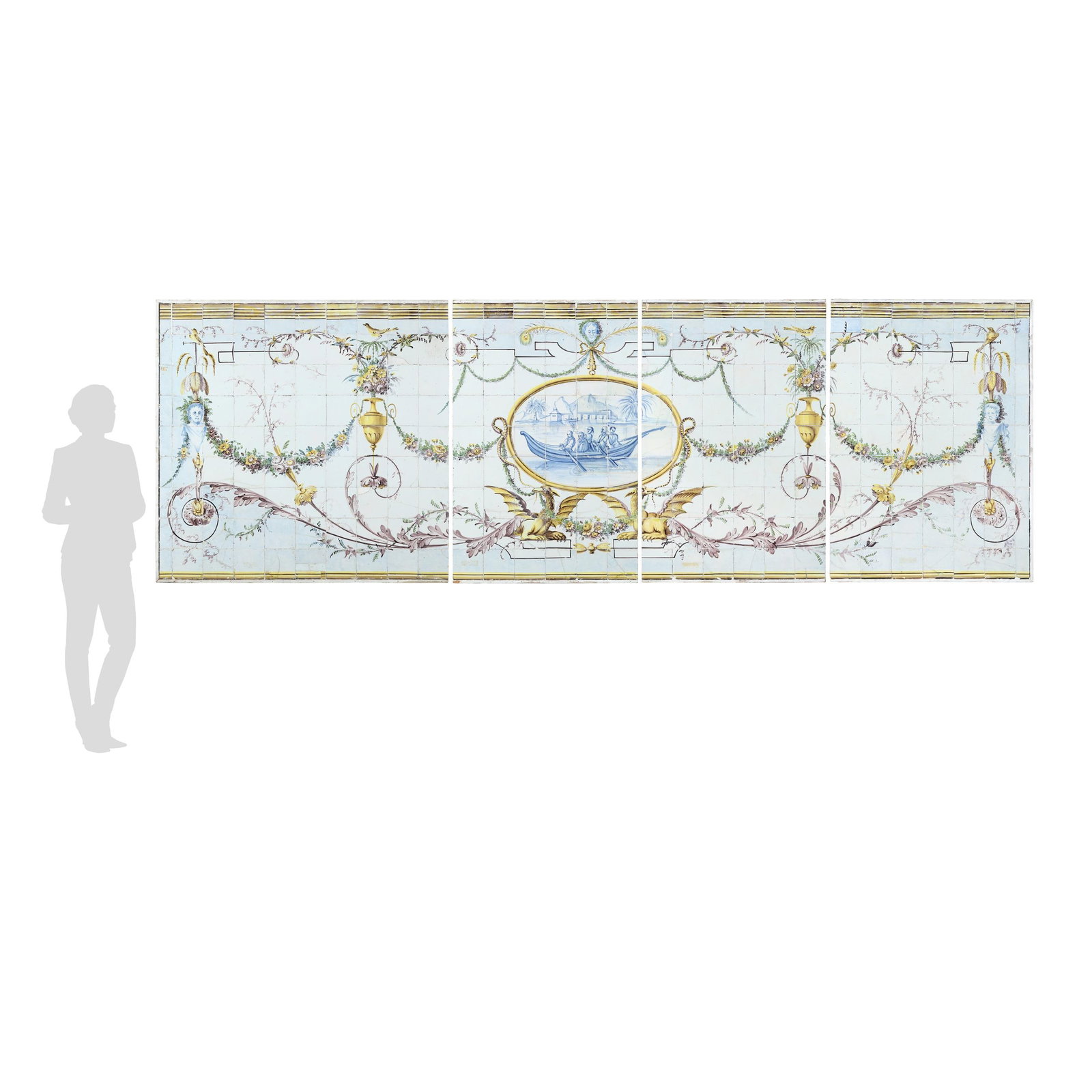 A Magnificent Twelve-Foot 19th Century Scenic Portuguese Tile Mural: A Magnificent Twelve-Foot 19th Century Scenic Portuguese Tile Mural circa 1850, (252) tin-glazed earthenware tiles, hand-painted Neoclassical garlands and urns, cherub busts, and recumbent griffons,