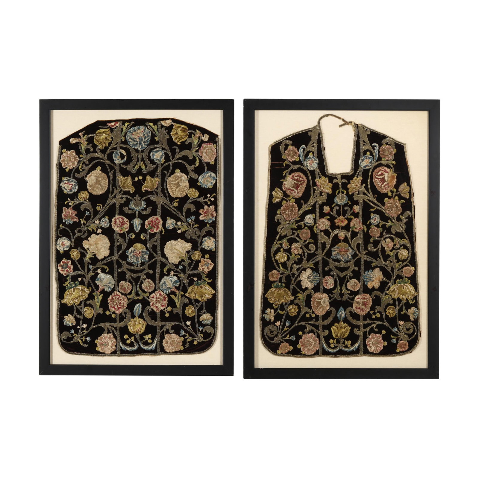 Two Framed Antique Embroidered Chasuble Panels: Two Framed Antique Embroidered Chasuble Panels silk and metallic thread applique on velvet, French or English, the likely late-17th-century embroidered multicolored and metallic floral elements