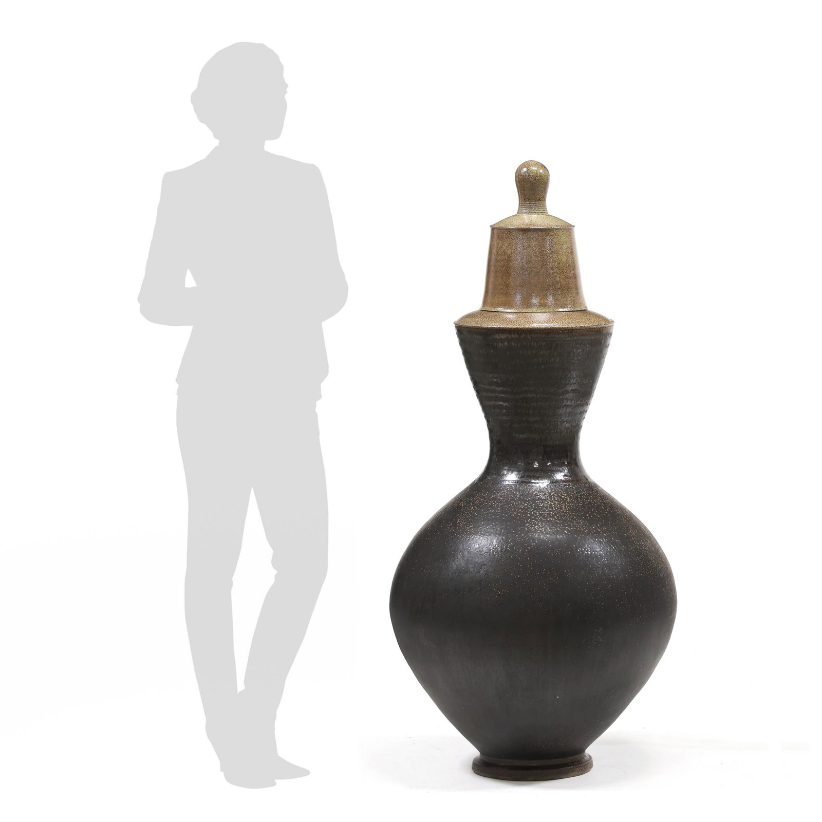 Mark Hewitt (NC, b. 1955), Monumental Stoneware Vessel with Cover: Mark Hewitt (NC, b. 1955), Monumental Stoneware Vessel with Cover Pittsboro, salt glazed stoneware, impressed with the 1995-present potter's glyph, 85th firing mark, footed gourd form with angular sho