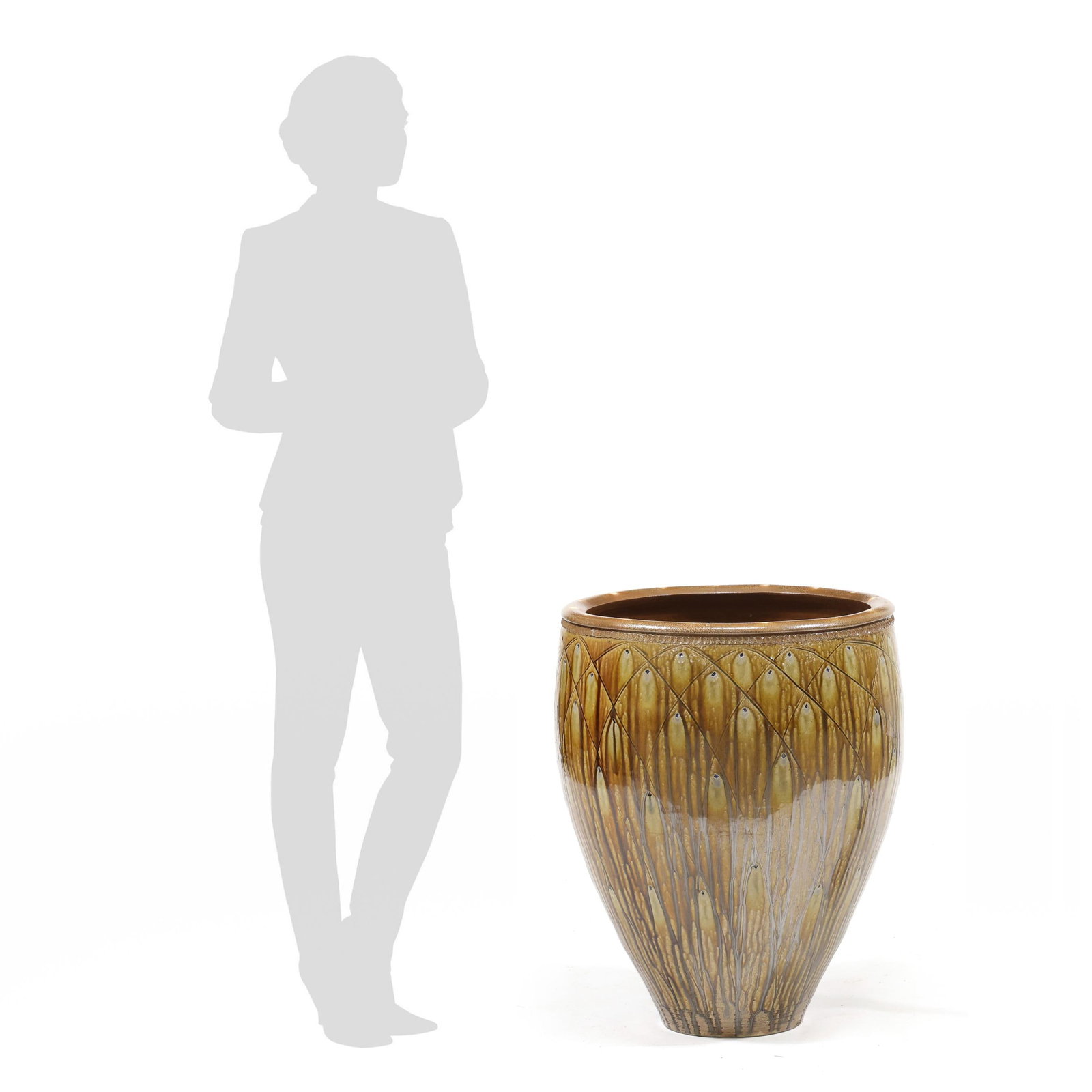Mark Hewitt (NC, b. 1955), Impressive Large Stoneware Floor Pot: Mark Hewitt (NC, b. 1955), Impressive Large Stoneware Floor Pot Pittsboro, salt glazed wood fired stoneware, 1995-present potter's glyph and "91" denoting the 91st firing, stately rising jardiniere fo