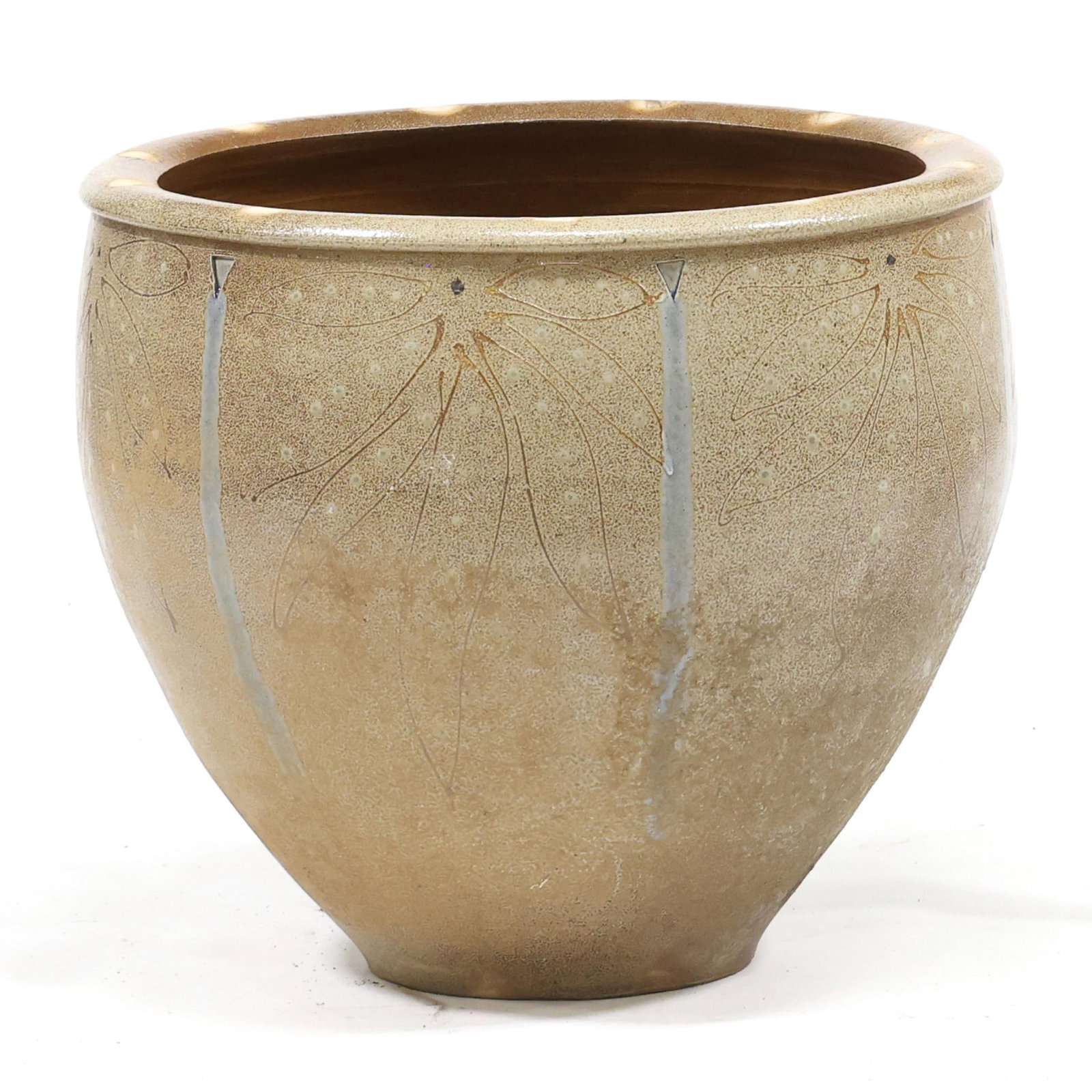 Mark Hewitt (NC, b. 1955), Large Stoneware Jardiniere with Leaf Motif: Mark Hewitt (NC, b. 1955), Large Stoneware Jardiniere with Leaf Motif Pittsboro, salt glazed wood fired stoneware, 1995-present potter's glyph and "87" denoting the 87th firing, stately jardiniere bow