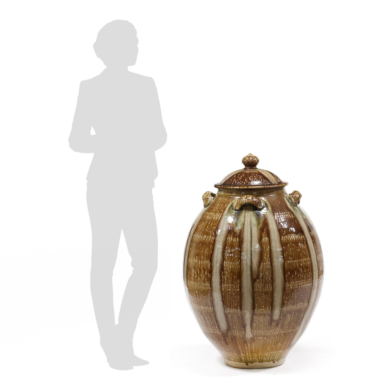 Daniel Johnston (NC, b. 1971), Massive Four-Handled Stoneware Urn with Cover: Daniel Johnston (NC, b. 1971), Massive Four-Handled Stoneware Urn with Cover Seagrove, North Carolina, circa 2005, wood fired stoneware with salt and ash glazes, stamped with artist monogram "D" and n