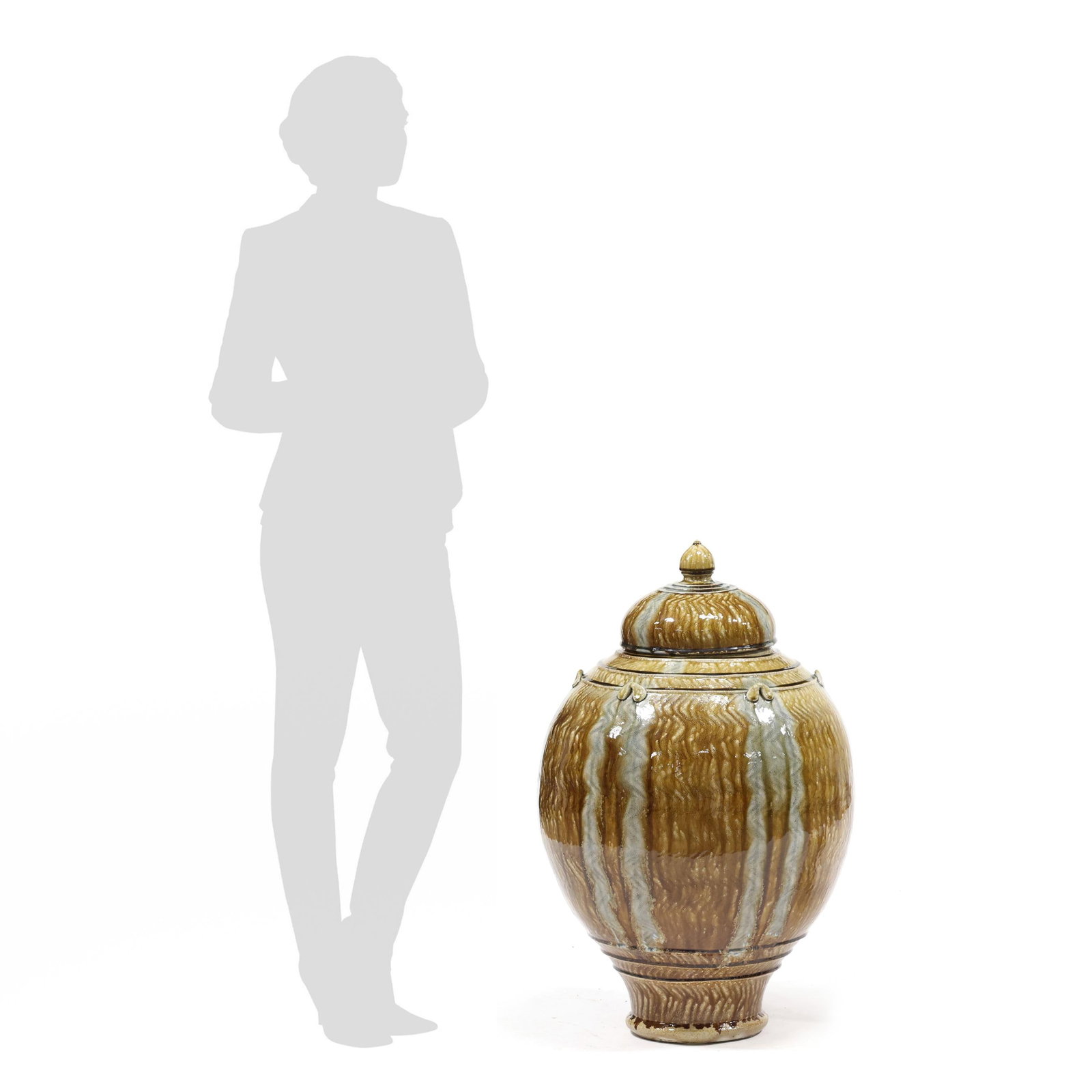 Daniel Johnston (NC, b. 1971), Large Covered Stoneware Floor Urn with Glass Runs: Daniel Johnston (NC, b. 1971), Large Covered Stoneware Floor Urn with Glass Runs Seagrove, North Carolina, circa 2016, wood fired stoneware with salt and ash glazes, glass runs, stamped with artist mo