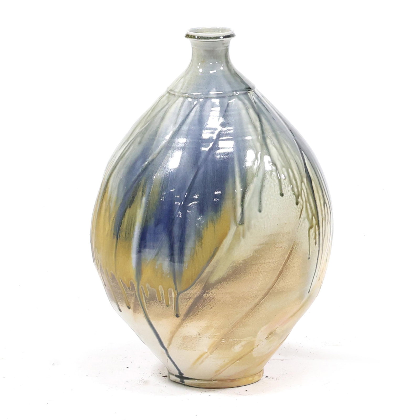 Ben Owen III (Seagrove, NC, b. 1968), Large Melon Pottery Vase: Ben Owen III (Seagrove, NC, b. 1968), Large Melon Pottery Vase 1994, footed ovoid form with flared mouth, carved swirl body, decorated in multi-layered natural ash and cobalt glazes, signed and dated 