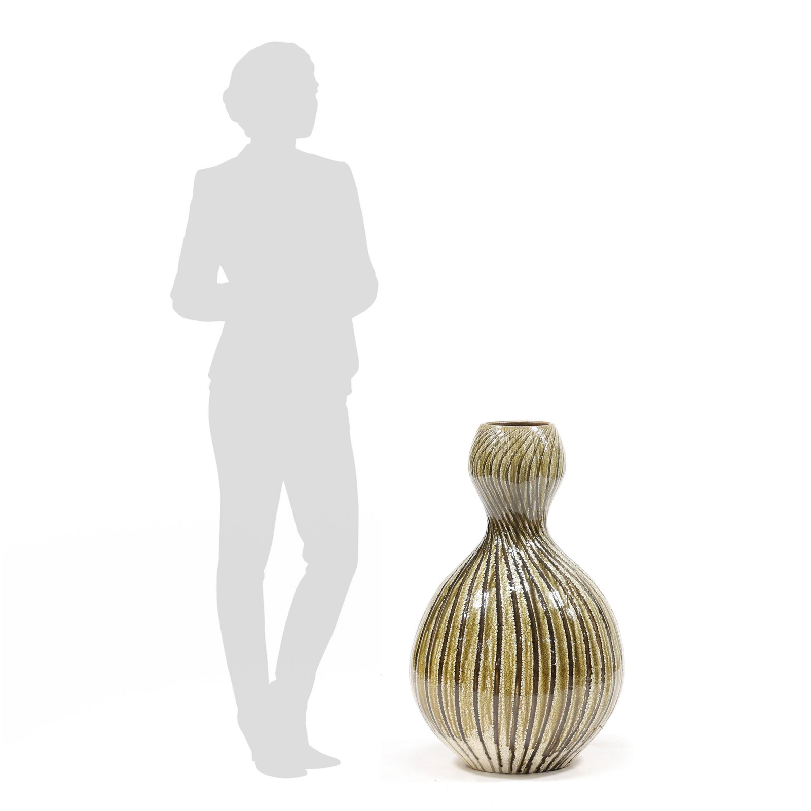Donna Craven (NC), Large Swirl Glazed Pottery Floor Vase: Donna Craven (NC), Large Swirl Glazed Pottery Floor Vase Seagrove, North Carolina, contemporary wood-fired stoneware, signed "D. Craven" on the underside, the double gourd form with bowl mouth, accent