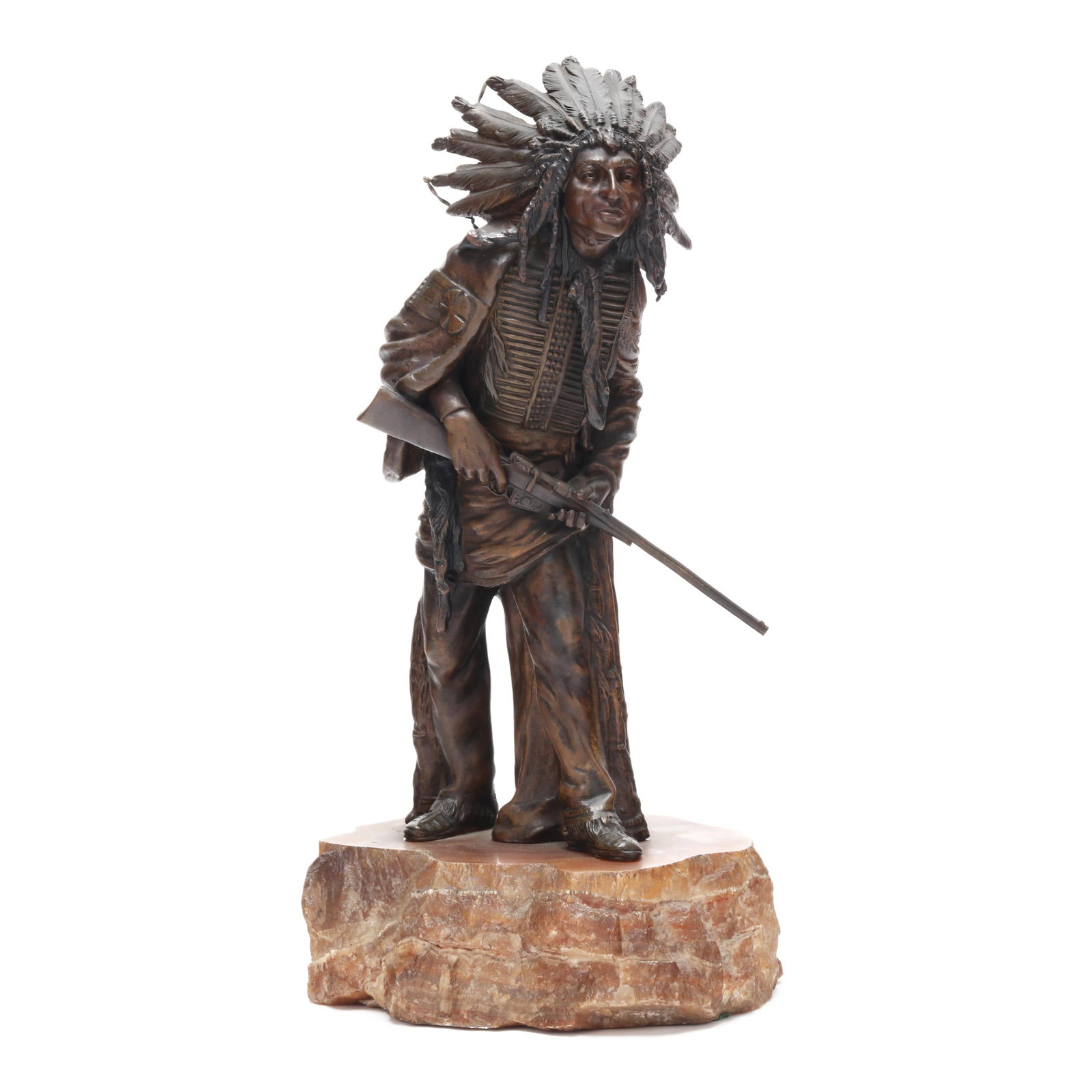 Carl Kauba (Austrian/American, 1865-1922), Bronze Model of an Indian Chief: Carl Kauba (Austrian/American, 1865-1922), Bronze Model of an Indian Chief patinated bronze, signed 'C. Kauba' and stamped 'GESCHÜTZT 5305' to the posterior coat, cast with a feathered headdress and 
