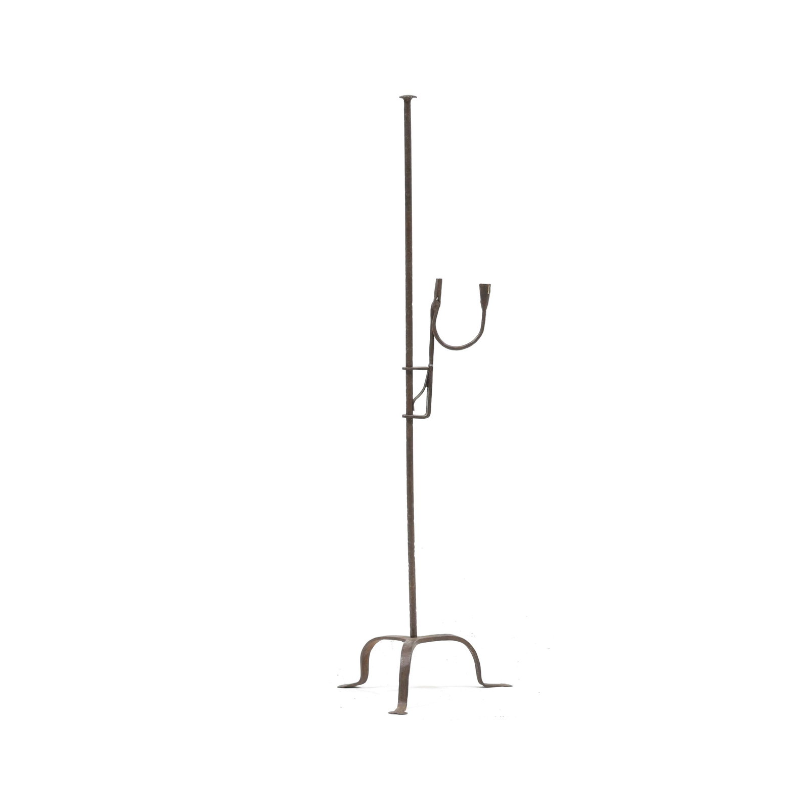 Early Adjustable Forged Iron Floor Lamp with Rush Light: Early Adjustable Forged Iron Floor Lamp with Rush Light 18th century, forged iron with dark patina, featuring an adjustable candleholder and rushlight mounted to a vertical standard with serrated fini