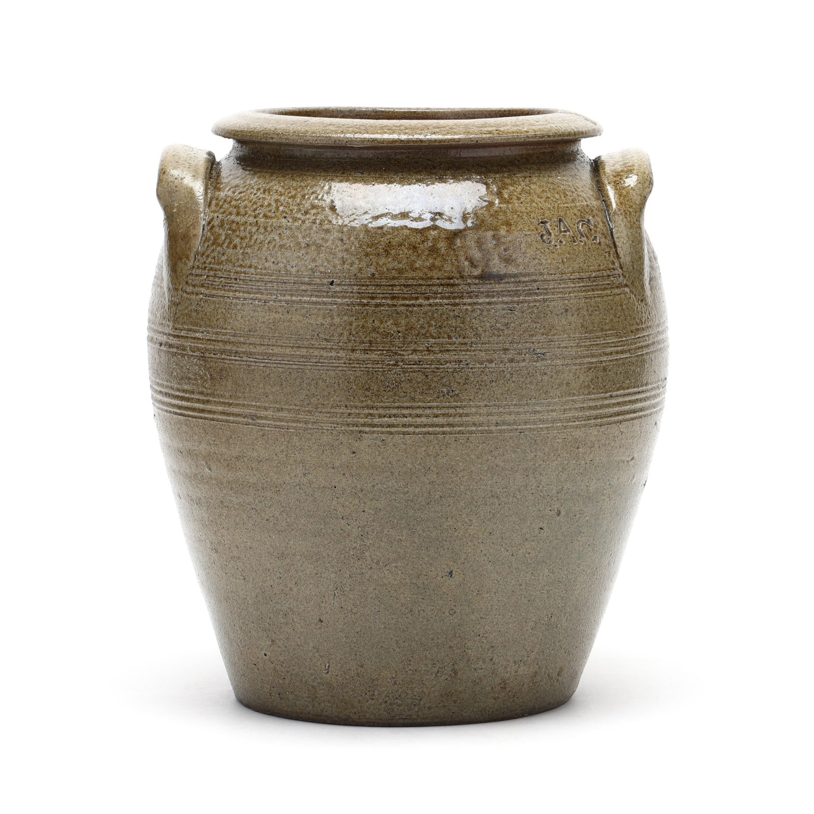 John Anderson Craven (Randolph County, NC, 1824-1859 ), Published Two Gallon Stoneware Jar: John Anderson Craven (Randolph County, NC, 1824-1859 ), Published Two Gallon Stoneware Jar salt glazed stoneware, stamped "J.A.C" to the shoulder, semi-ovoid jar form with flat rim and dual lug handle