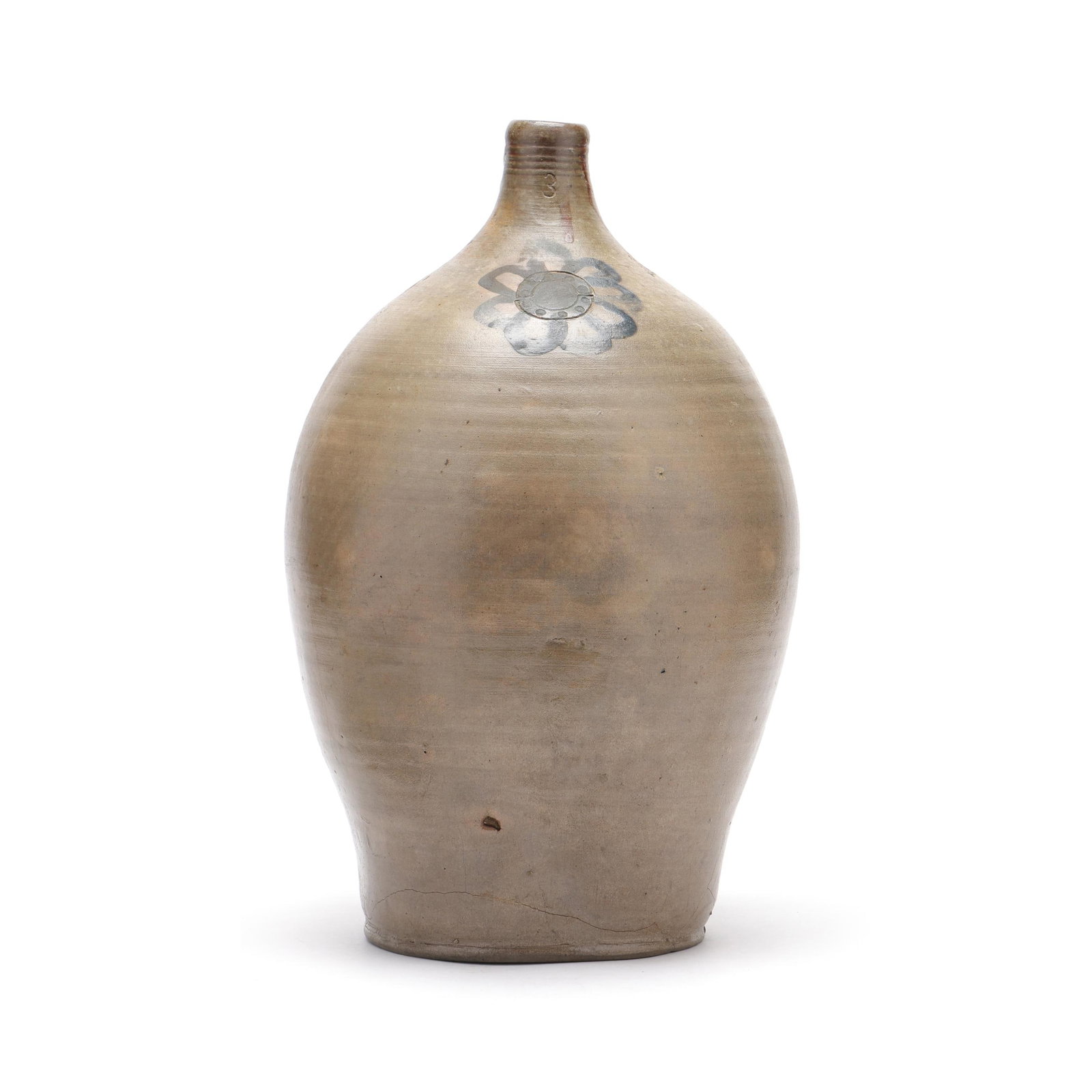 An Early Boston Three Gallon Stoneware Jug: An Early Boston Three Gallon Stoneware Jug early 19th century, likely by Frederick Carpenter, Boston, Massachusetts, salt-glazed stoneware, unsigned, ovoid form with rising ring tooled spout, bold loo