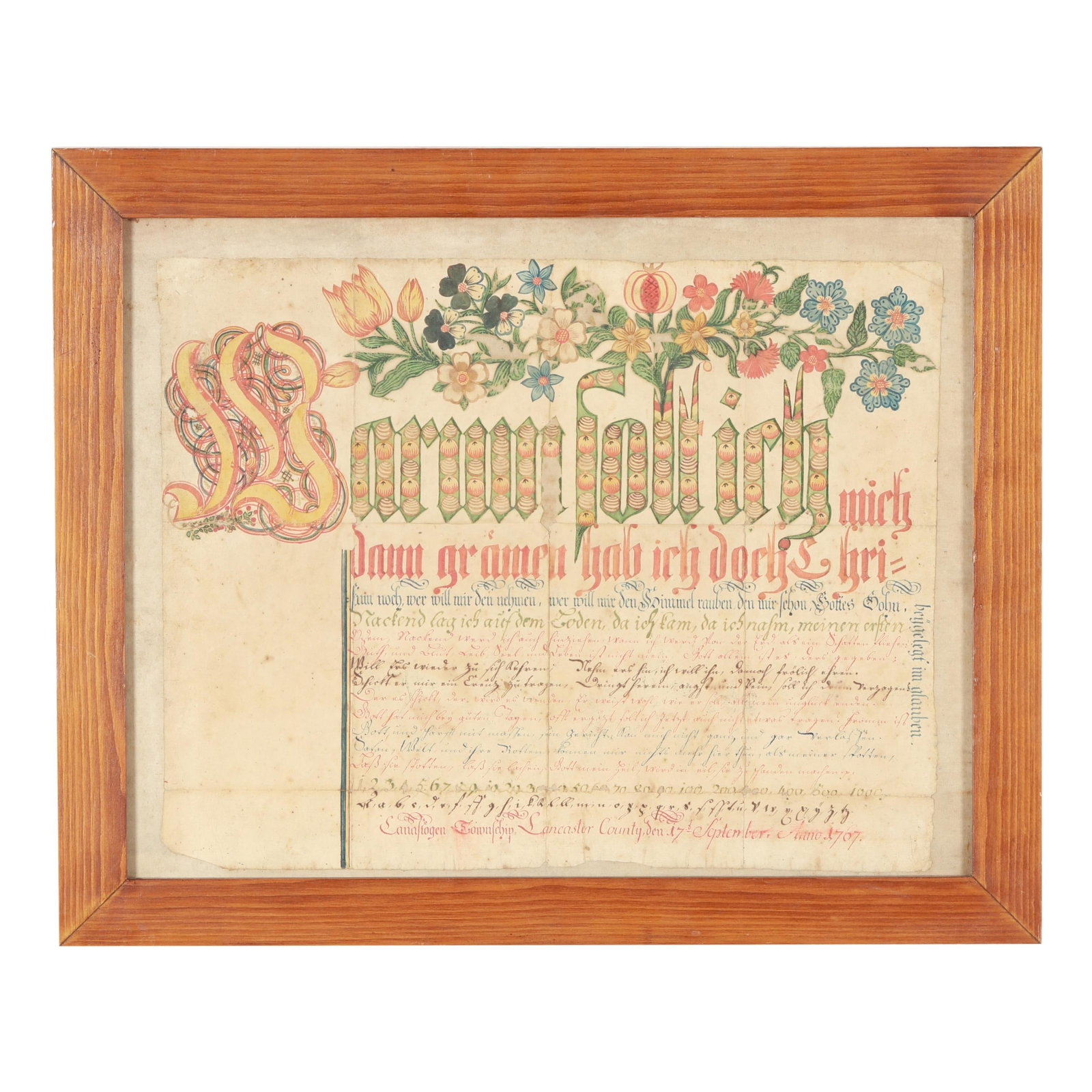 1767 Pennsylvania German Vorschrift Fraktur, Conestoga Township: 1767 Pennsylvania German Vorschrift Fraktur, Conestoga Township Conestoga Township, Lancaster County, Pennsylvania, single sheet, watercolor and ink on laid paper, the upper fifth decorated with tulip