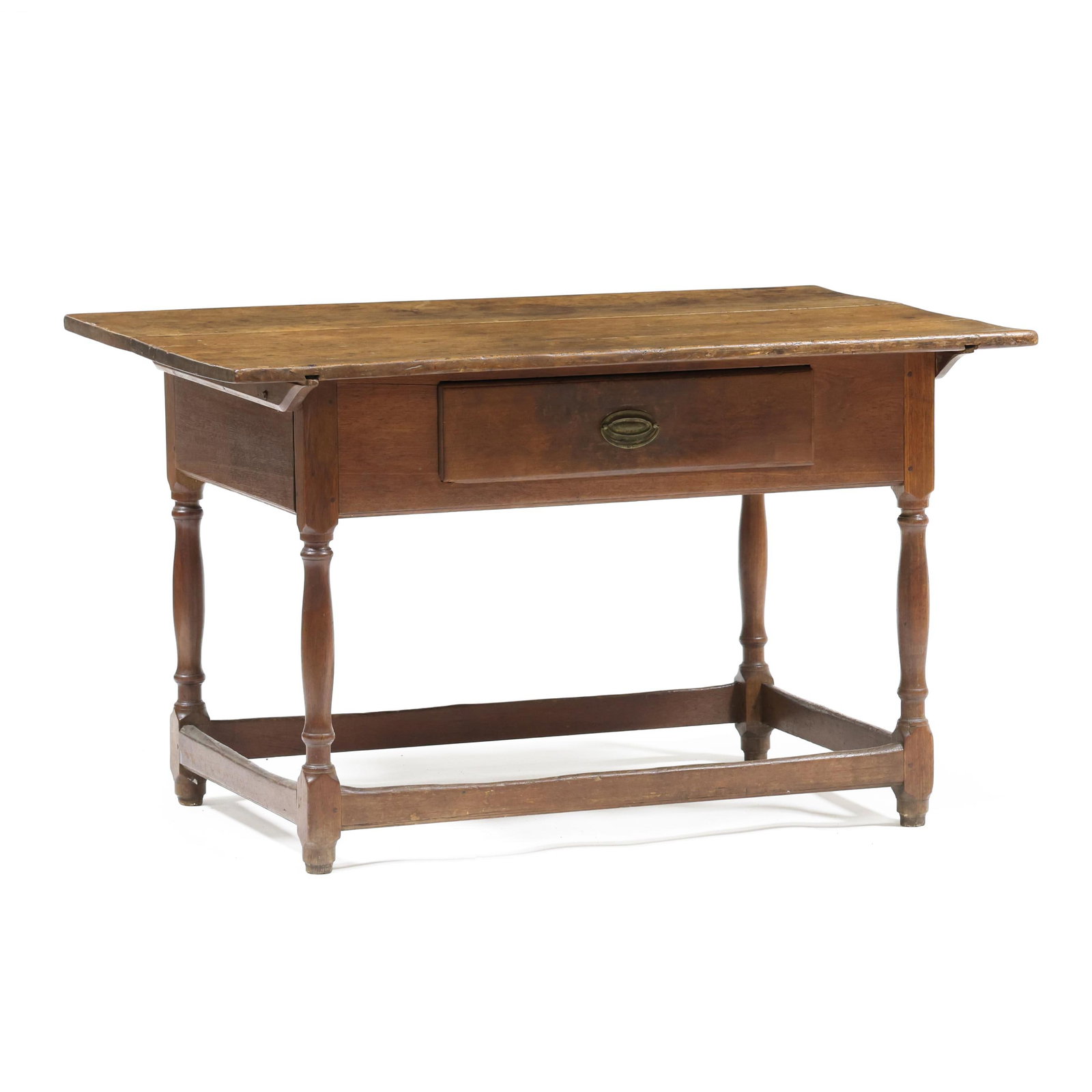 American Walnut Stretcher Base Tavern Table: American Walnut Stretcher Base Tavern Table attributed to Pennsylvania, late 18th century, poplar secondary, two board rectangular top with applied battens and wooden pins, flush skirt, single lipped 