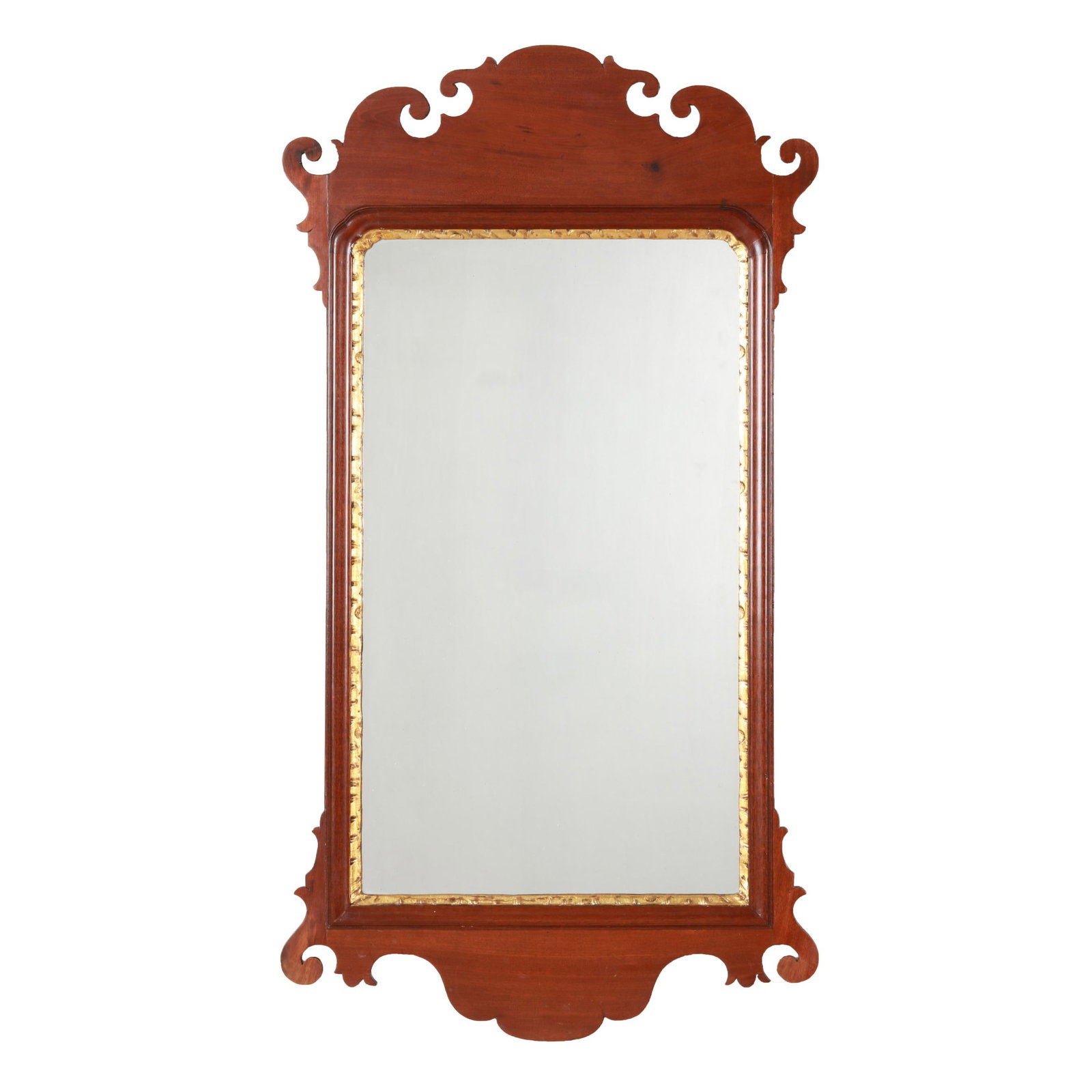 Pre-Revolution Chippendale Carved Mahogany Looking Glass, Labeled: Pre-Revolution Chippendale Carved Mahogany Looking Glass, Labeled circa 1769-75, by John Elliot, mahogany veneer over pine with scrolled pediment flanked by shaped ears, molded frame, later glass, the
