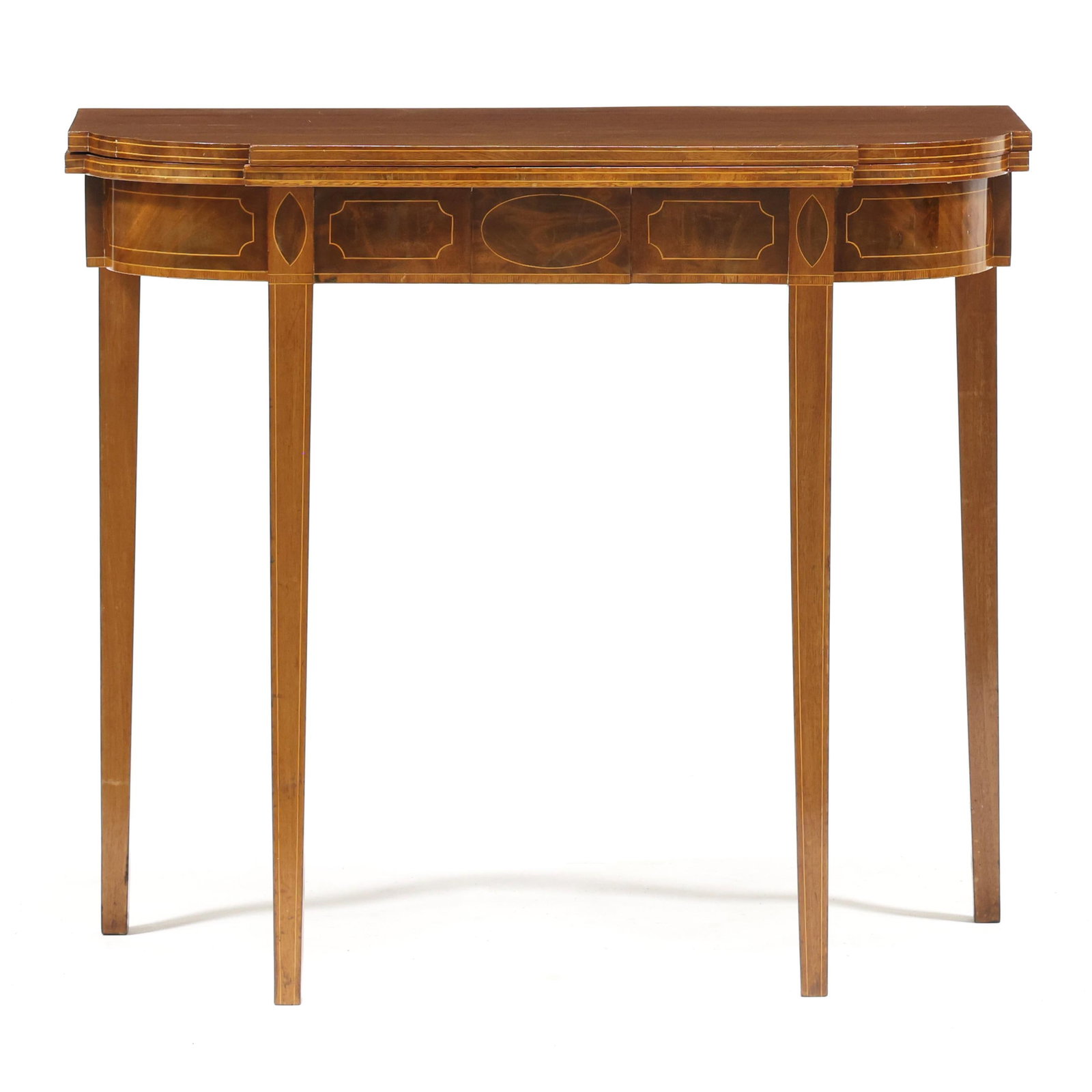 New England Federal Inlaid Mahogany Card Table: New England Federal Inlaid Mahogany Card Table attributed to Massachusetts, circa 1790, mahogany veneers, white pine secondary, the rectangular case with cut corners, hinged lid with single gate-leg s