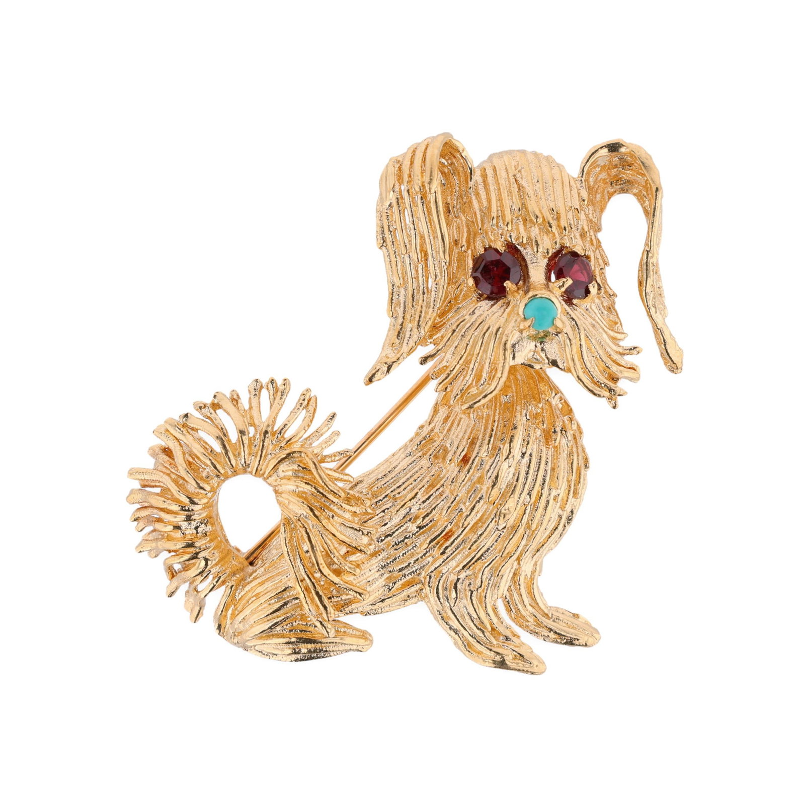 Whimsical Gold and Gem-Set Dog Brooch: Whimsical Gold and Gem-Set Dog Brooch the textured gold dog brooch set to the eyes with round cut garnets (3.5mm) and set to the nose with a round cabochon cut turquoise (2.5mm), completed with a
