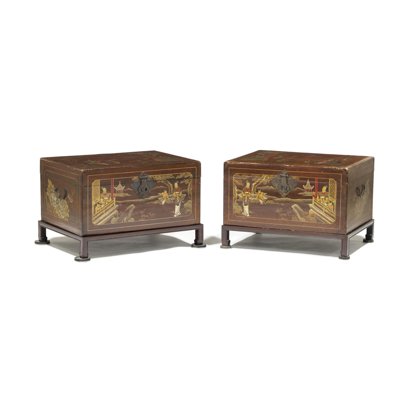 A Pair of Chinese Lacquered Pigskin Trunks on Stands: A Pair of Chinese Lacquered Pigskin Trunks on Stands Second half 20th century, iron mounts and bail handles, open interior, on custom hardwood stands. With stand 20 x 31 x 23 in. Additional high-resol