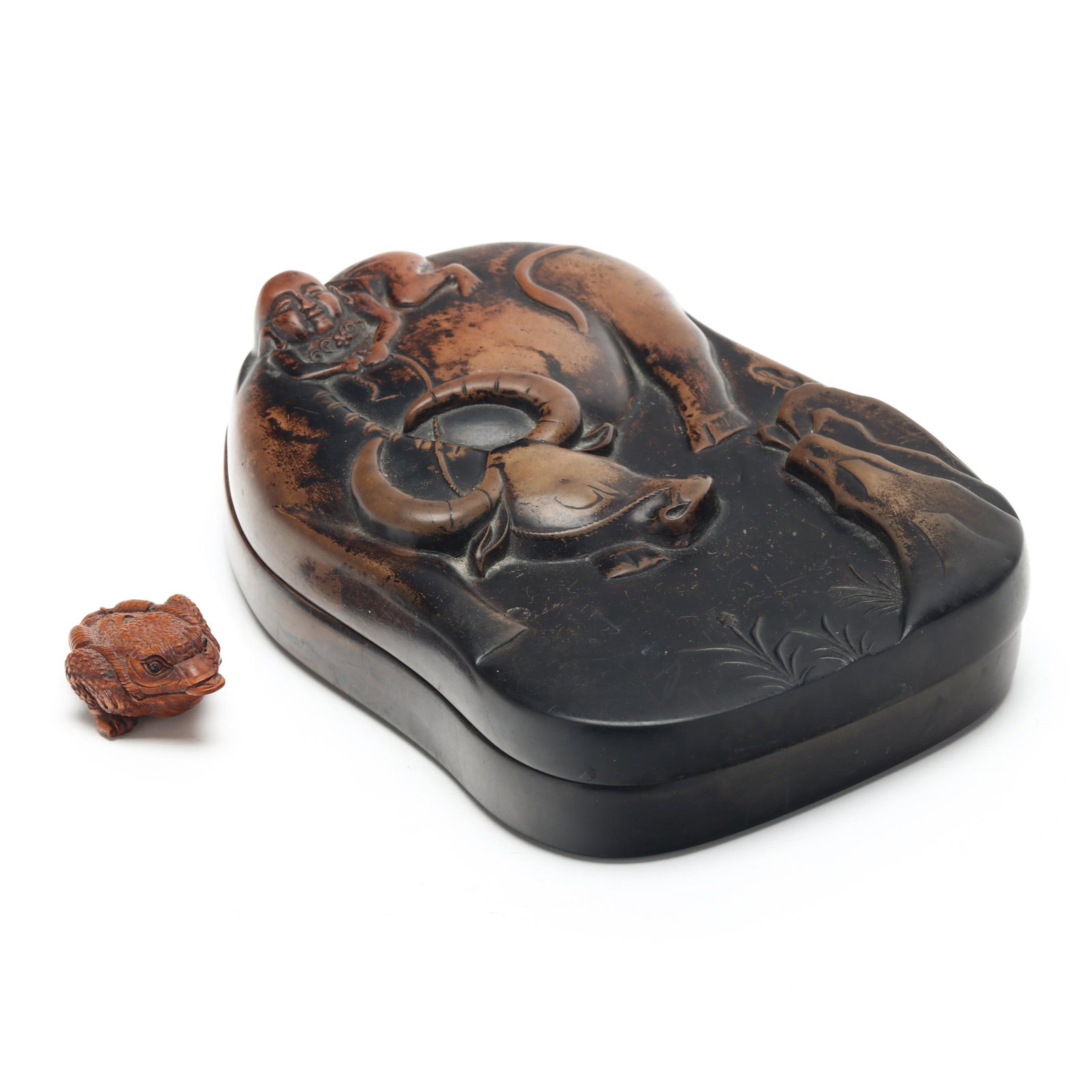 A Chinese Suzuri Ink Stone and a Carved Japanese Boxwood Netsuke (1 of 8)
