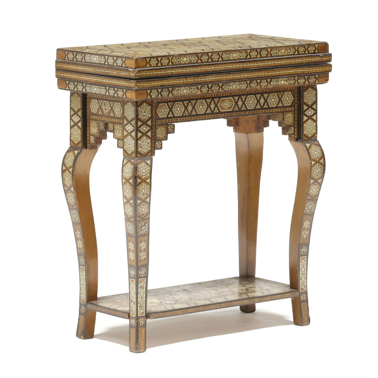 Syrian Marquetry Inlaid Multi Games Table: Syrian Marquetry Inlaid Multi Games Table mid-20th century, two part from, mixed woods, featuring bone and mother of pearl inlays, swivel hinge top opening to reveal green baize card surface, rotated 