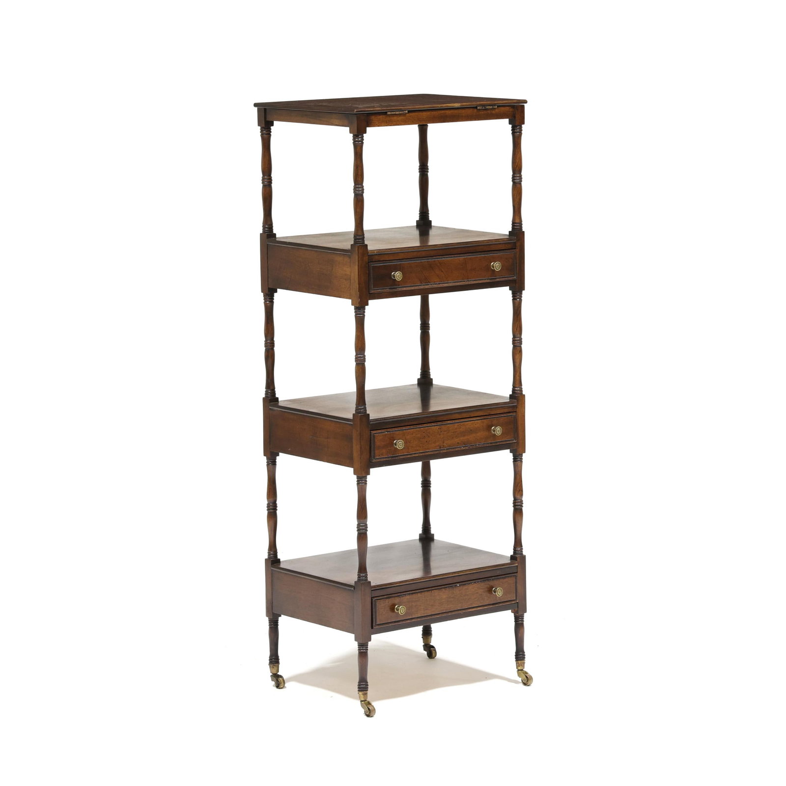 Baker Furniture, Mahogany Adjustable Reading Stand: Baker Furniture, Mahogany Adjustable Reading Stand Second half 20th century, made in U.S.A., hinged top adjustable to angle as a bookrest, above three open shelves and drawers, raised on turned suppor