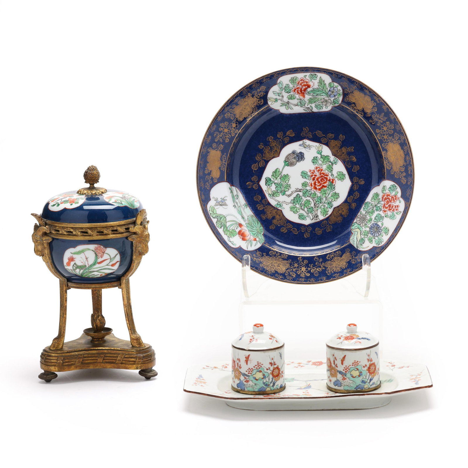Edme Samson et Cie, Three Chinoiserie Porcelain and Ormolu Table Accessories: Edme Samson et Cie, Three Chinoiserie Porcelain and Ormolu Table Accessories late 19th-early 20th century, each hand-painted with bird, insect and floral branch motifs, including an encrier in the Kai