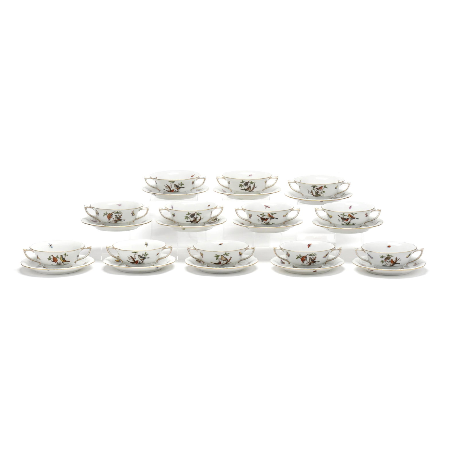Herend Rothschild Bird , Set of Twelve Cream Soup Bowls and Saucers (1 of 6)
