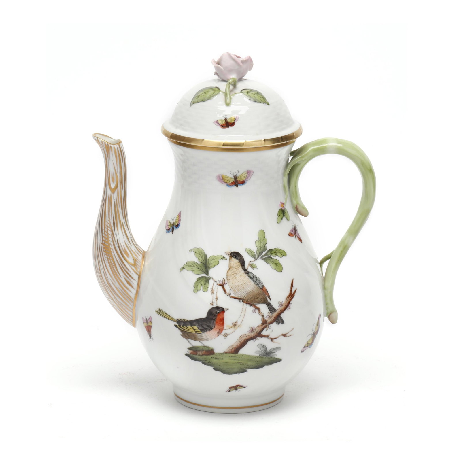 Herend Rothschild Bird Coffee Pot: Herend Rothschild Bird Coffee Pot Hungary, hand-painted and gilt porcelain, #1611, decorated with birds and insects, accompanied by a lid with pink flower finial, company marks to the underside. 10 1/