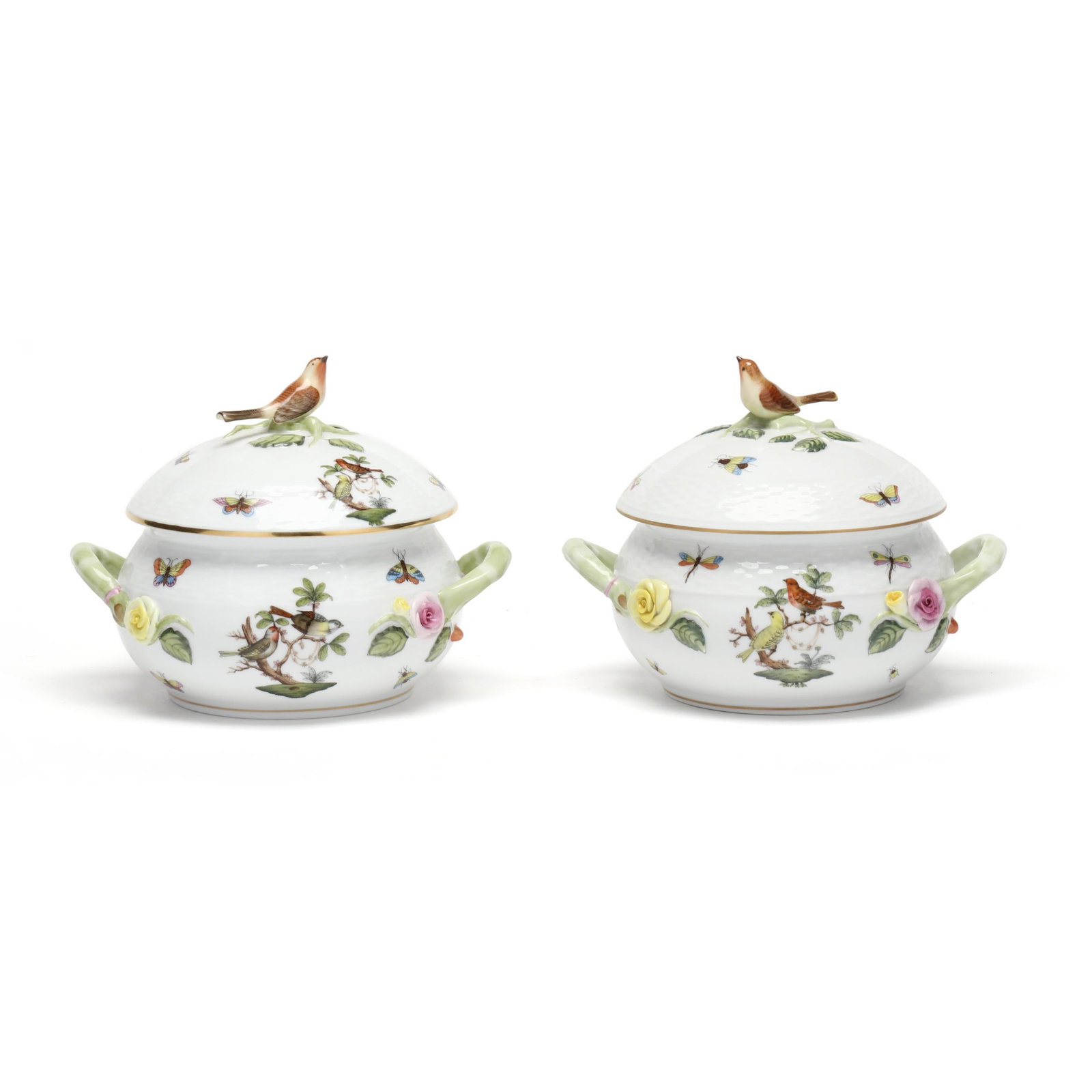 A Pair of Herend Rothschild Bird Lidded Bean Pots: A Pair of Herend Rothschild Bird Lidded Bean Pots Hungary, hand-painted and gilt porcelain, decorated with birds and insects, featuring branch handles and lids with bird finials #25; marked to undersi