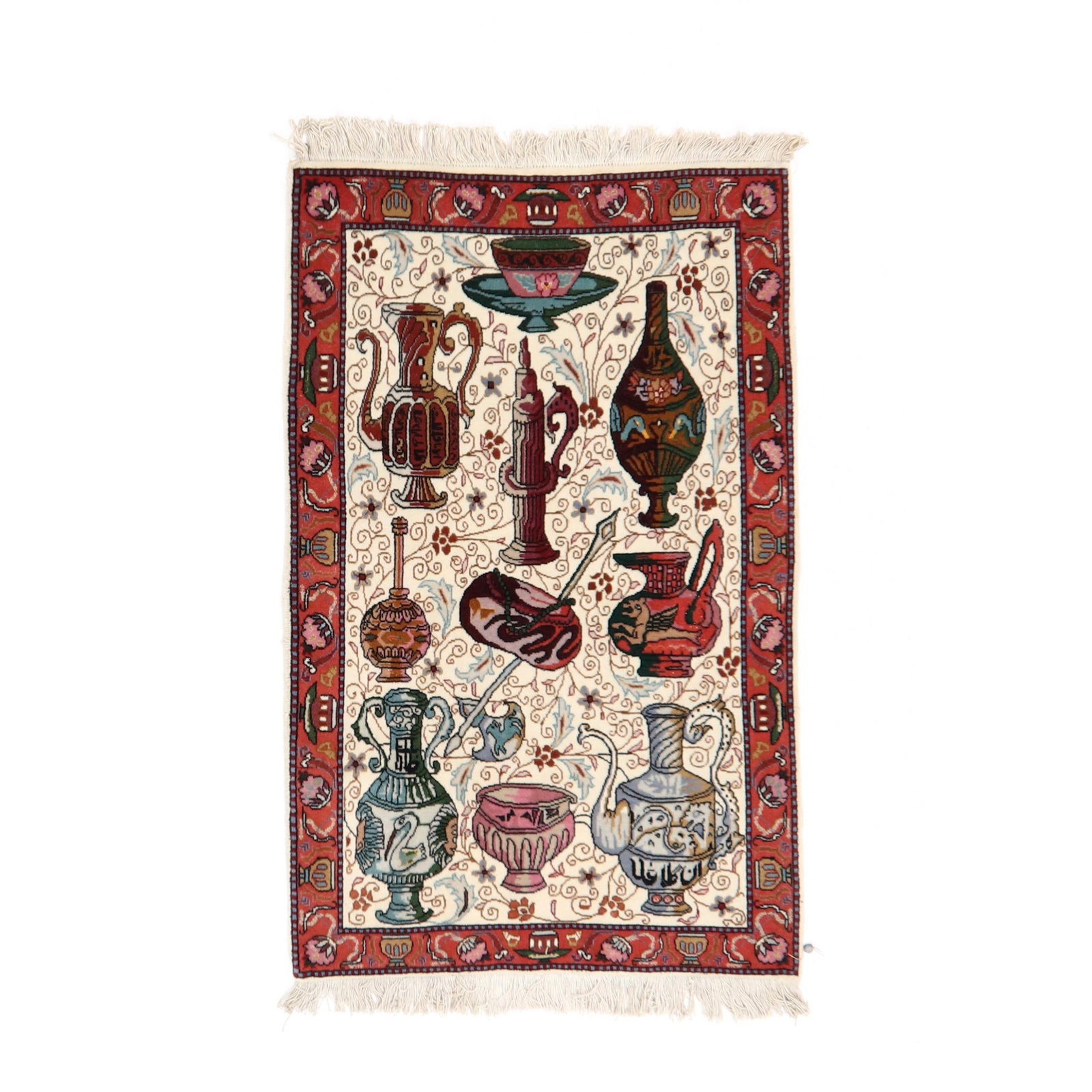 Pictorial Tabriz Area Rug: Pictorial Tabriz Area Rug wool on cotton foundation, the cream field with depictions of decorative vessels, some with calligraphy, with scrolling floral design to field, the red border with repeating 