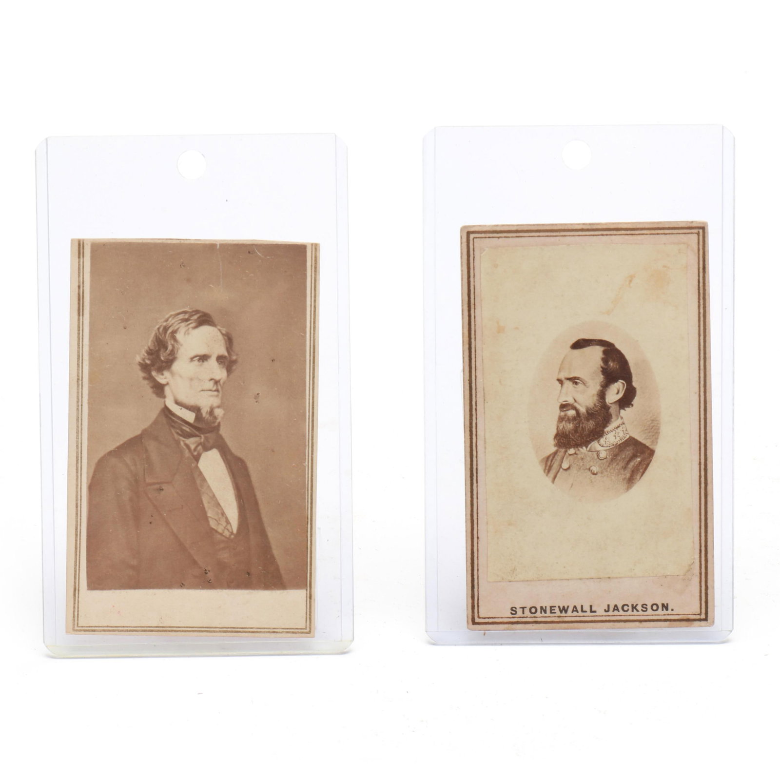 Jefferson Davis and Stonewall Jackson Cartes De Visite: Jefferson Davis and Stonewall Jackson Cartes De Visite (2) CDVs from Matthew Brady negatives, including: young Jefferson Davis portrait by Brady, with E. & H.T. Anthony backstamp and pencil caption