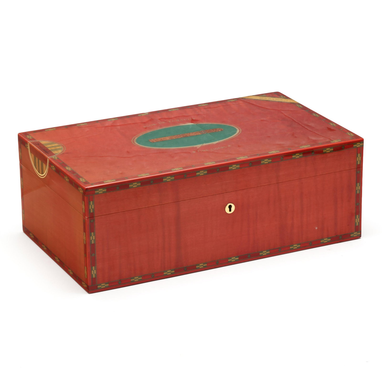 Elie Bleu, Inlaid Mahogany Cigar Humidor Box: Elie Bleu, Inlaid Mahogany Cigar Humidor Box Circa 1980s, France, red-stained mahogany and mixed wood box with detailed inlay, marked "Flor De Tabacos" "Fine Cigars" "Habana" and signature to top, int