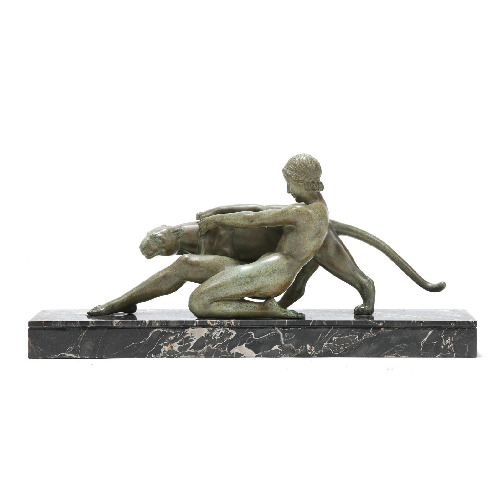 Attributed Alexandre Ouline (France, fl.1918-1940), Art Deco Statue of Figure with Panther: Attributed Alexandre Ouline (France, fl.1918-1940), Art Deco Statue of Figure with Panther circa 1920s, cast spelter with verdigris patina, mounted atop a Portoro marble base, unsigned. 10.75 x 23.8