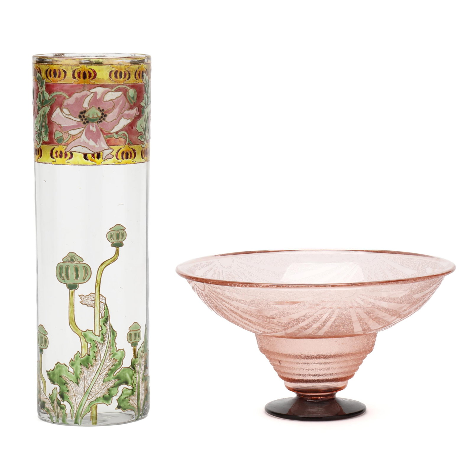 Two Pieces of Art Nouveau European Art Glass: Two Pieces of Art Nouveau European Art Glass early 20th century, including an enameled cylinder vase with poppy motifs likely by Mont Joye (12.75 in.); and an acid etched pink bowl with mottled