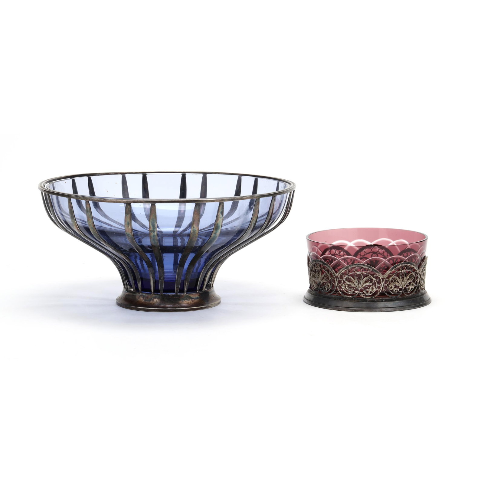 Silverplate Mounted Glass Bowl and Wine Coaster: Silverplate Mounted Glass Bowl and Wine Coaster early 20th century, including a silverplate mounted blue glass bowl (4.5 x 9.5 in.); and a silver filigree mounted purple cut to clear glass wine