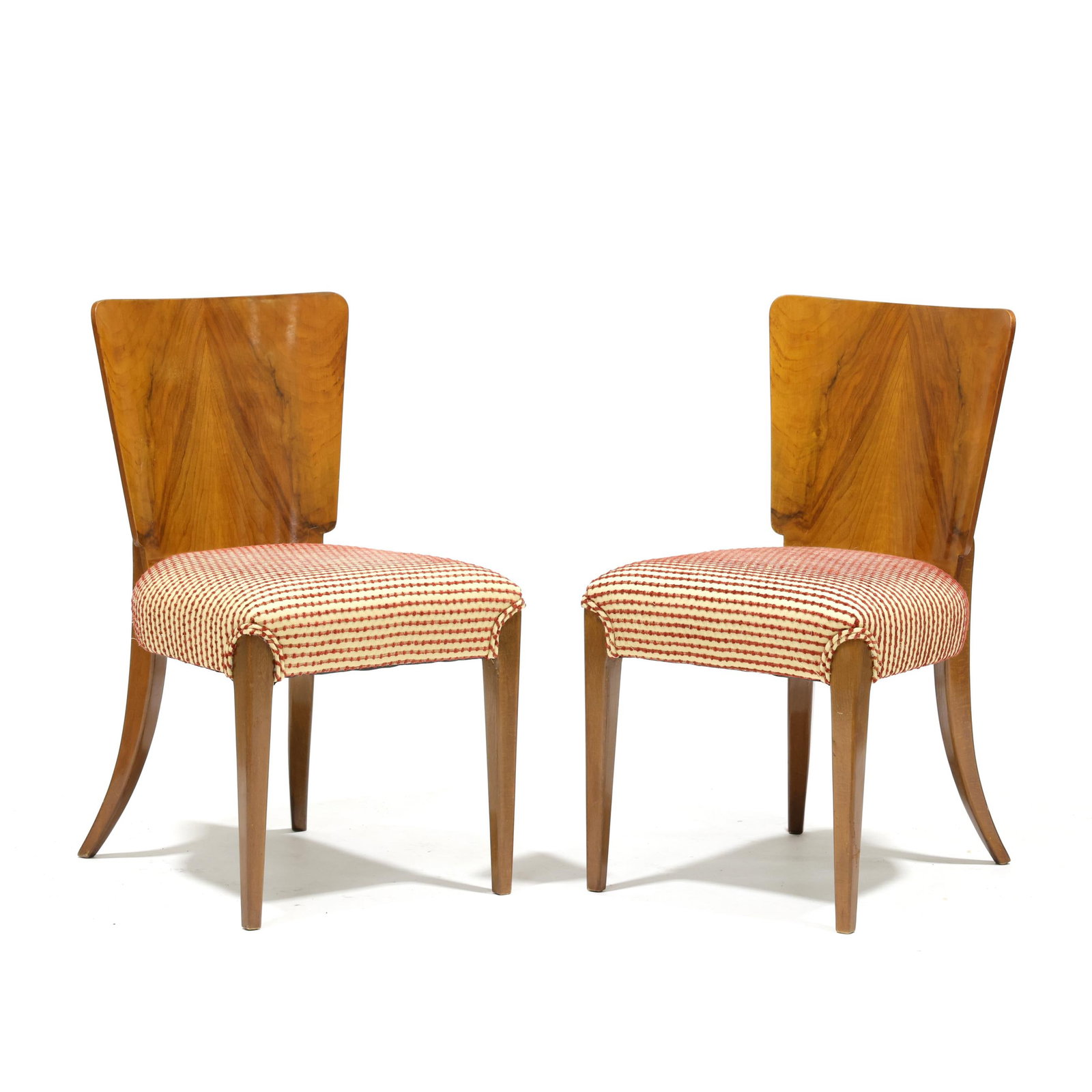 Pair of Art Deco Figured Walnut Side Chairs: Pair of Art Deco Figured Walnut Side Chairs Circa 1930, book matched veneers, over upholstered seat, on front straight tapered legs. 32 x 18 x 19 in. seat height 18 in. Additional high-resolution phot