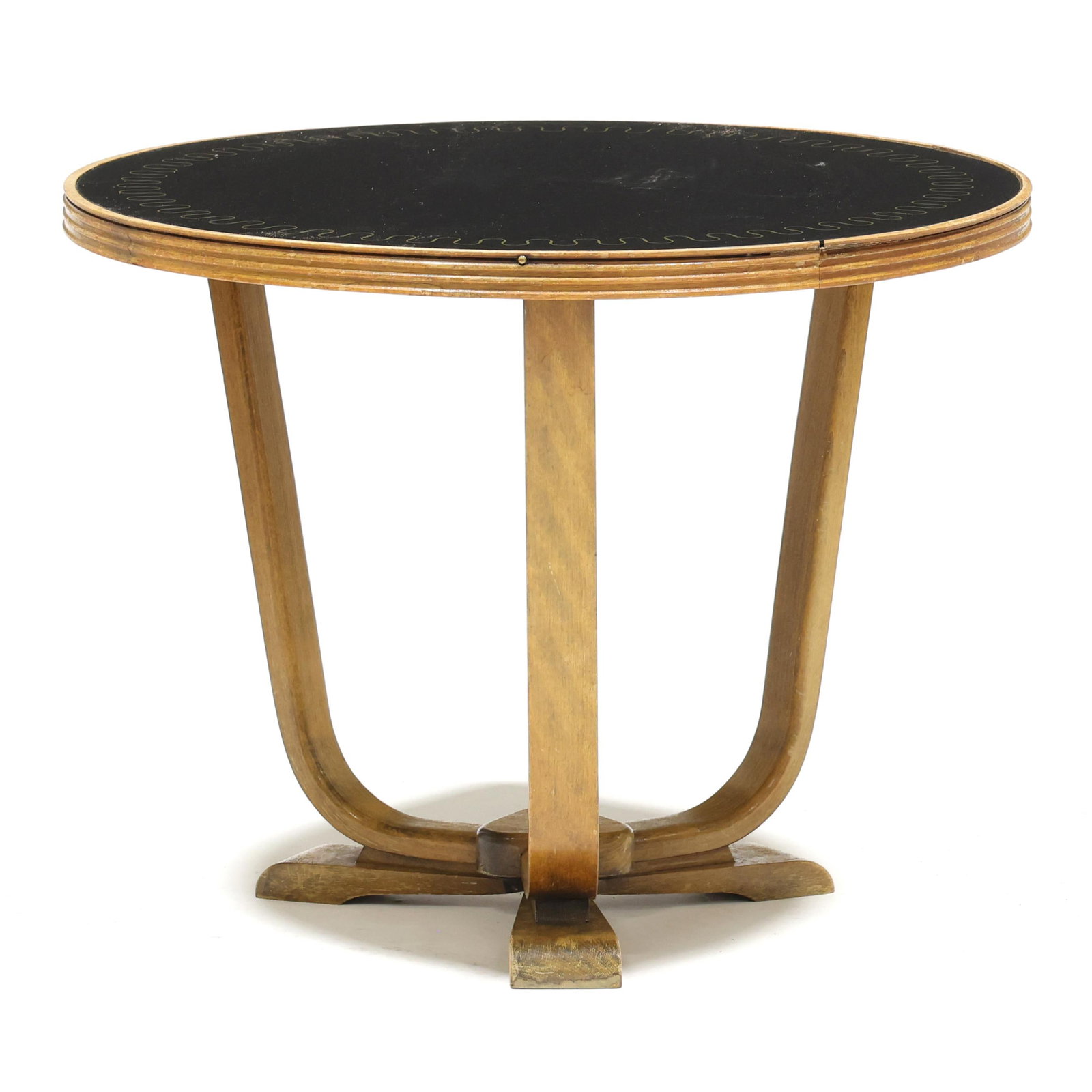 Art Deco Eglomise Cocktail Table: Art Deco Eglomise Cocktail Table circa 1930, circular glass top, reeded edge, tripod fruitwood base, curved feet. 21.5 x 27.5 in. diameter Additional high-resolution photos are available at www.leland