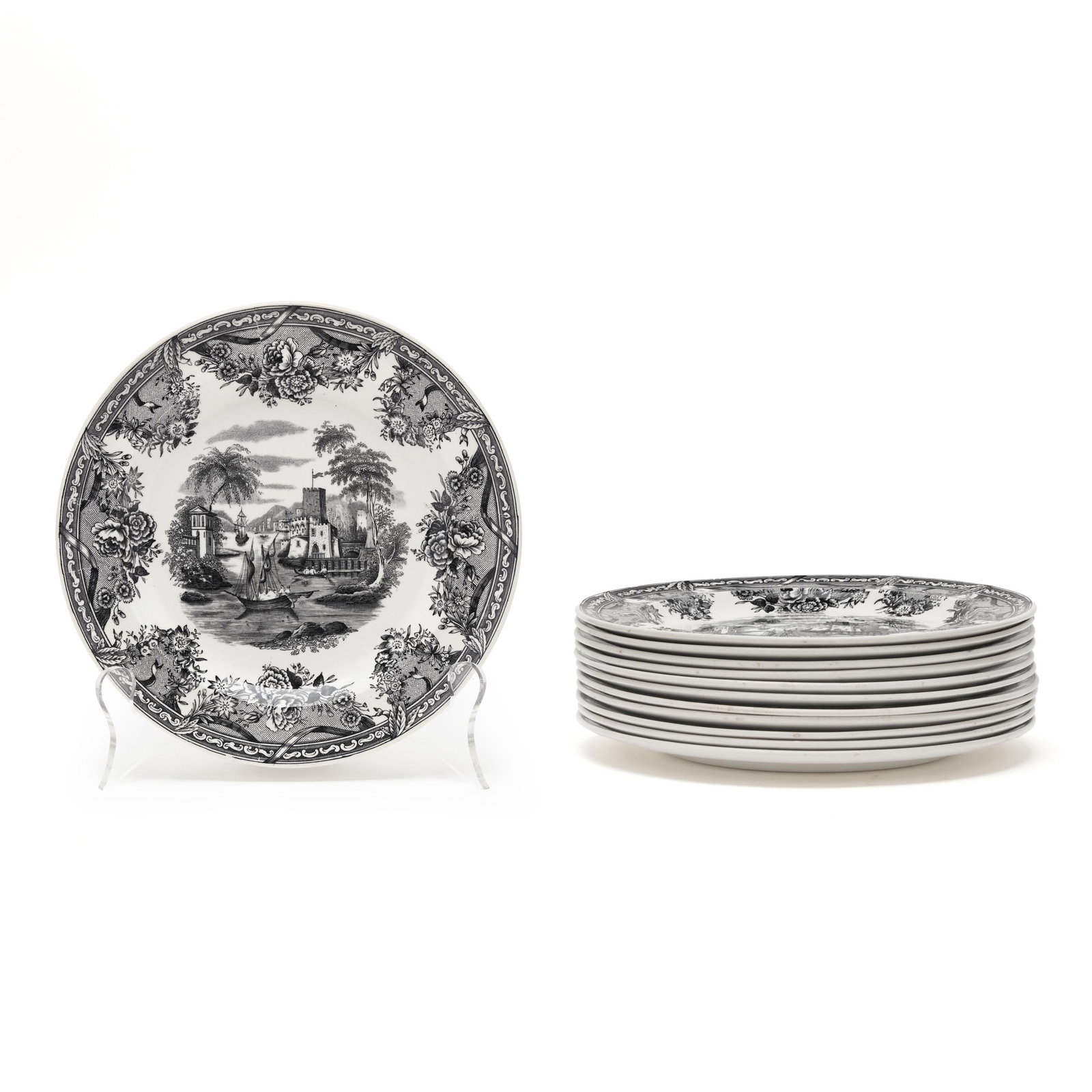 A Set of Twelve Wedgwood The Festoon Dessert Plates: A Set of Twelve Wedgwood The Festoon Dessert Plates England, circa 1890-1908, black transfer on ceramic, impressed marks including "WEDGWOOD" and "ETRURIA/ ENGLAND" to the verso, decorated with a