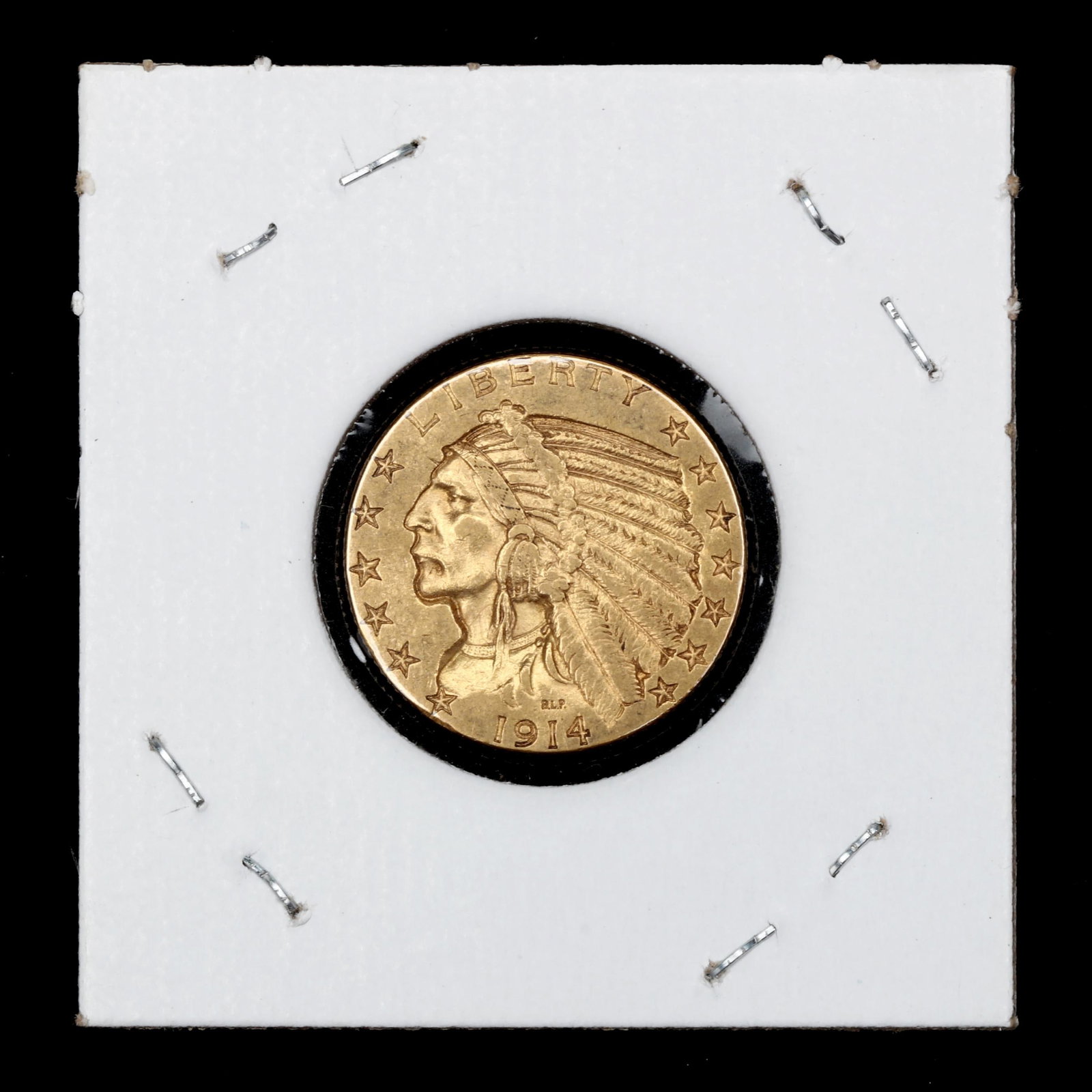 1914 Indian Head $5 Gold Half Eagle: 1914 Indian Head $5 Gold Half Eagle Extremely Fine, some wear to eagle's feathers. .900 Fine Gold verified. 1 x 2 x 2 in. AGW (Actual Gold Weight): .2418 ozt Private North Carolina Collection Addition