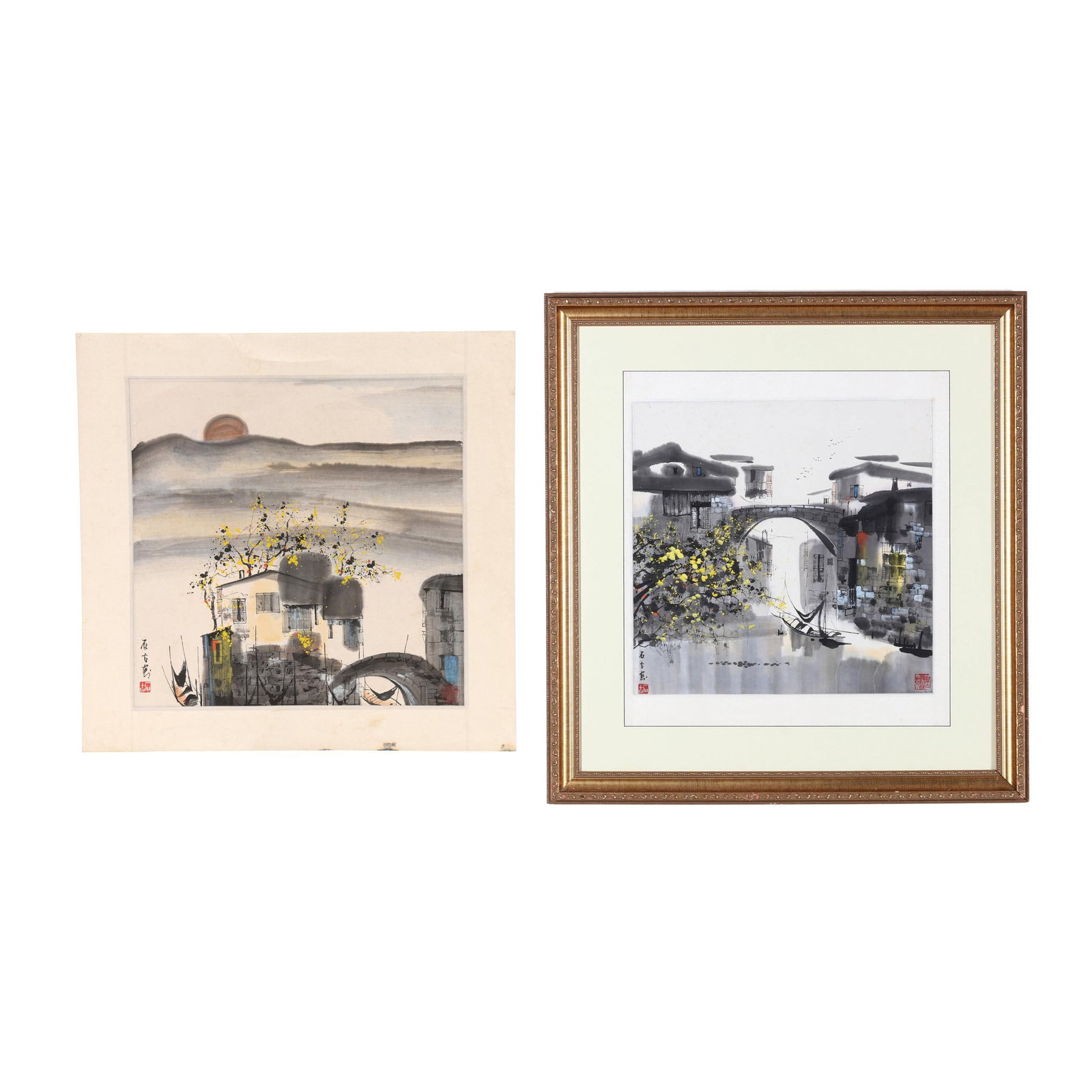 Shi Gu (Zhen Wangzhi) (Chinese, b.1949), Two Jiangnan Water Town Paintings (1 of 16)
