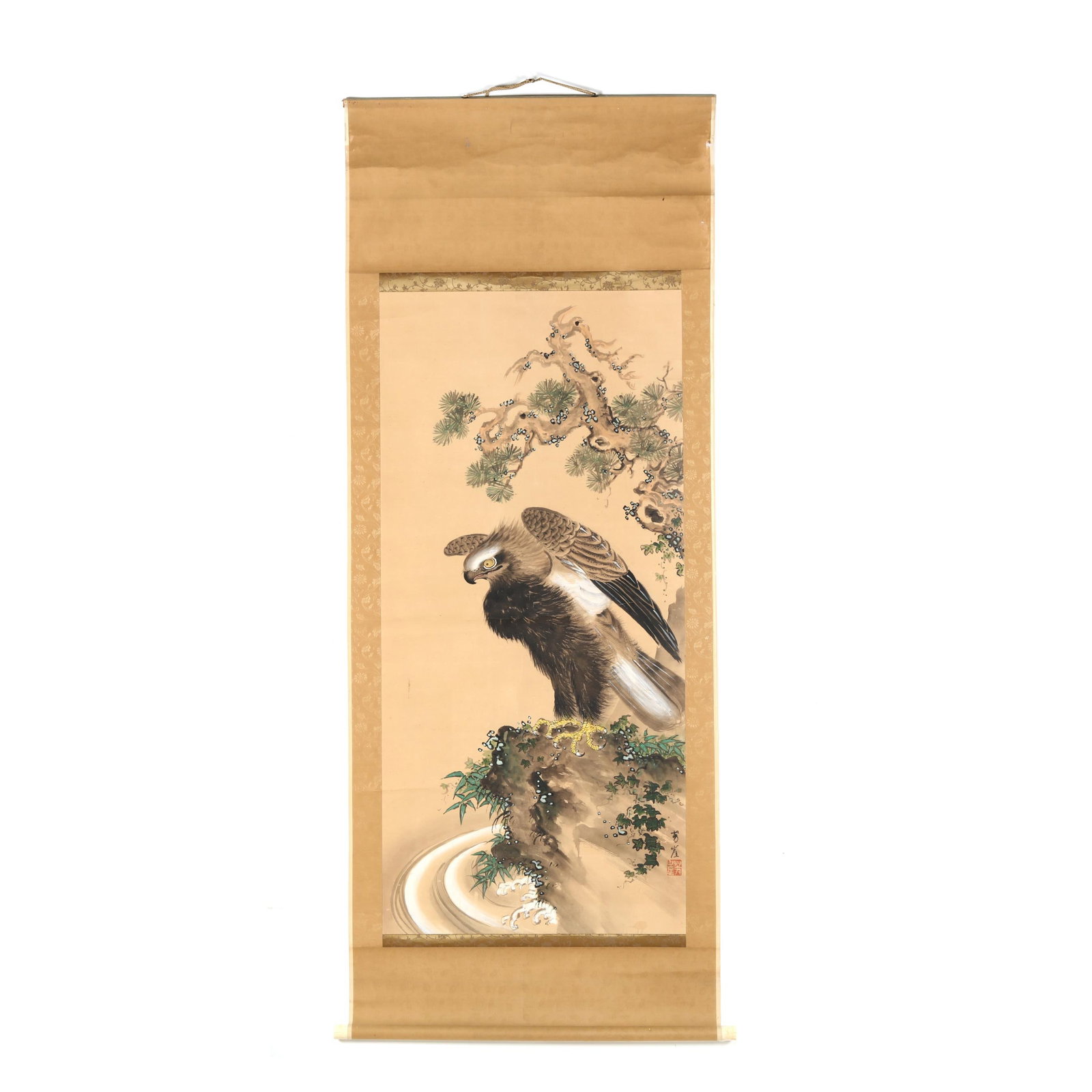 Attributed to Kano Hogai (Japanese, 1828–1888), Eagle Beneath Pine: Attributed to Kano Hogai (Japanese, 1828–1888), Eagle Beneath Pine ink and colors on paper, signed ?? (Hogai) with red artist seal to lower right corner, hanging scroll format, with roller knobs. Ro