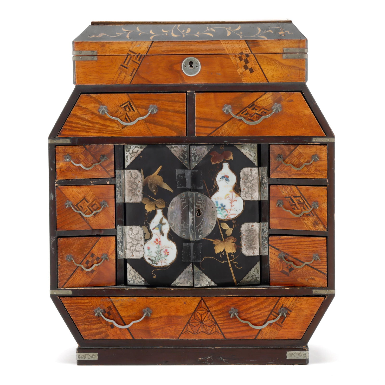 A Japanese Parquetry and Inlaid Lacquer Chest: A Japanese Parquetry and Inlaid Lacquer Chest Meiji period (1868-1912), the top lifts to reveal divided compartments, front of cabinet with two doors at angle that are inlaid with grapevines and paint