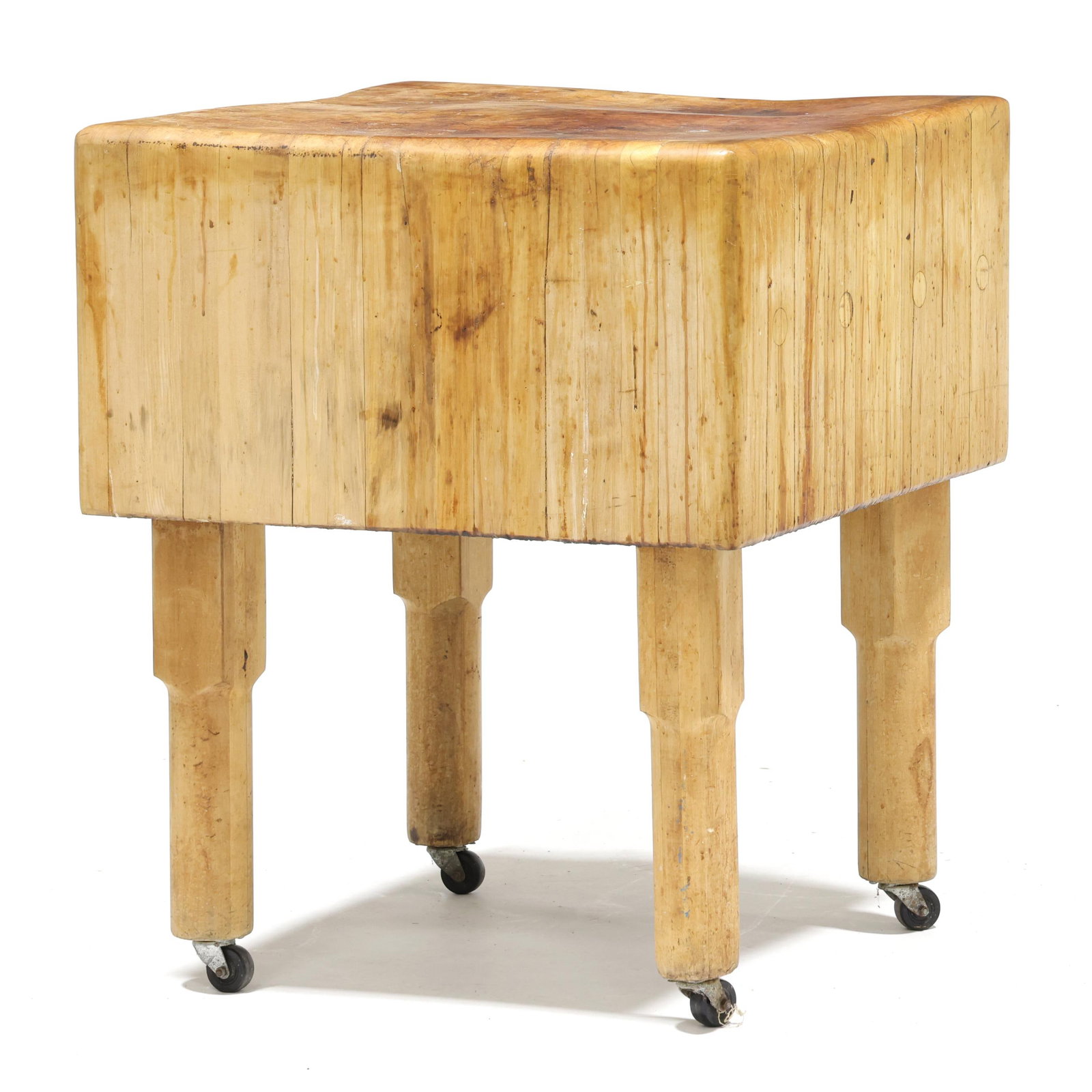 Large Vintage Maple Butcher Block Table: Large Vintage Maple Butcher Block Table mid-20th century, solid maple block with through tenon construction, raised on four legs with casters. 36.26 x 30.25 x 30.25 in. Additional high-resolution phot